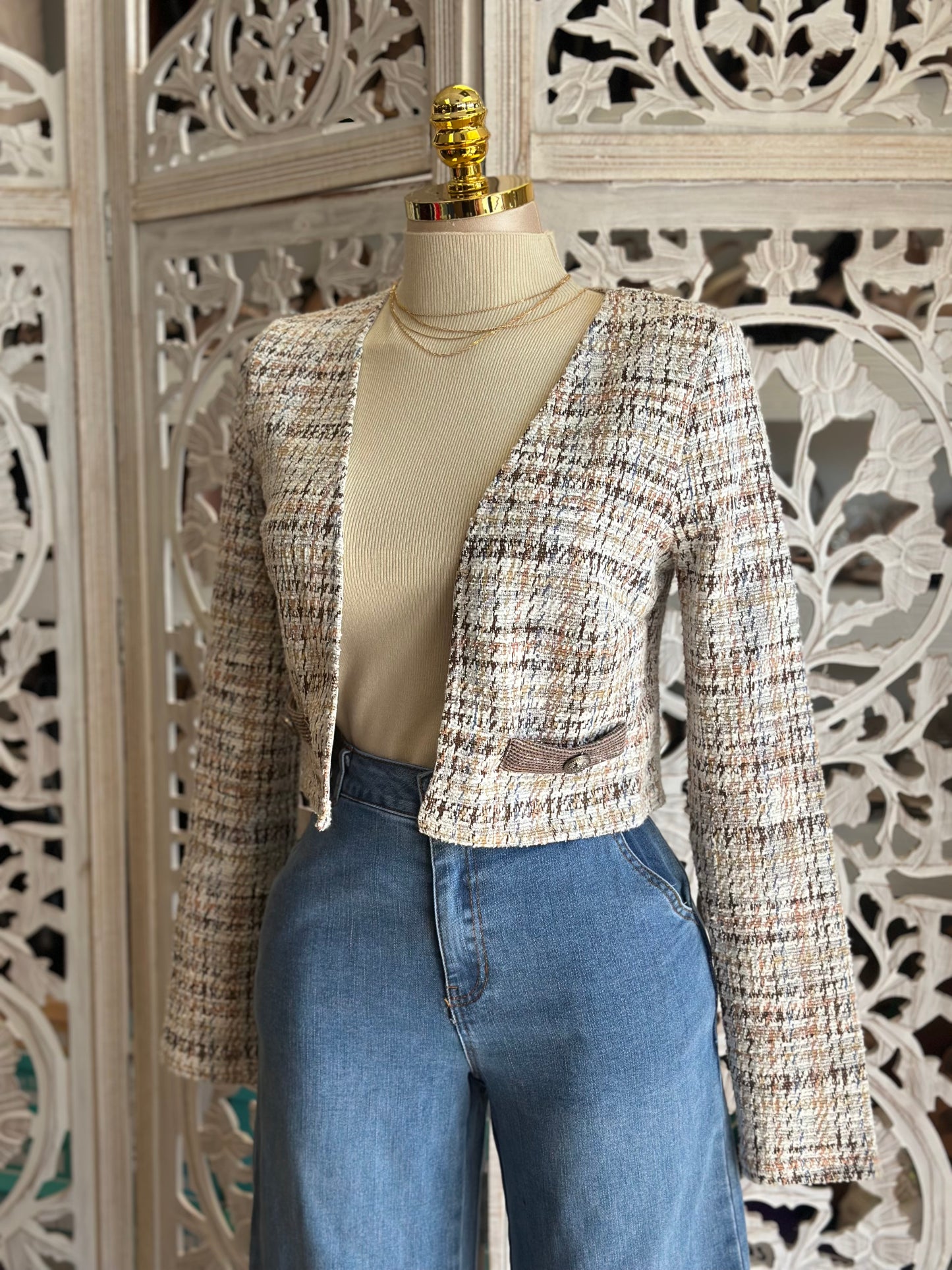 Houndstooth Beige Pattern Blazer- Estira, Stretchy