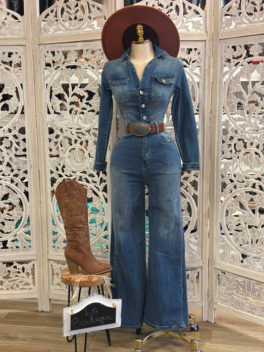 Denim Wide Leg Jumpsuit- Stretchy, Estira