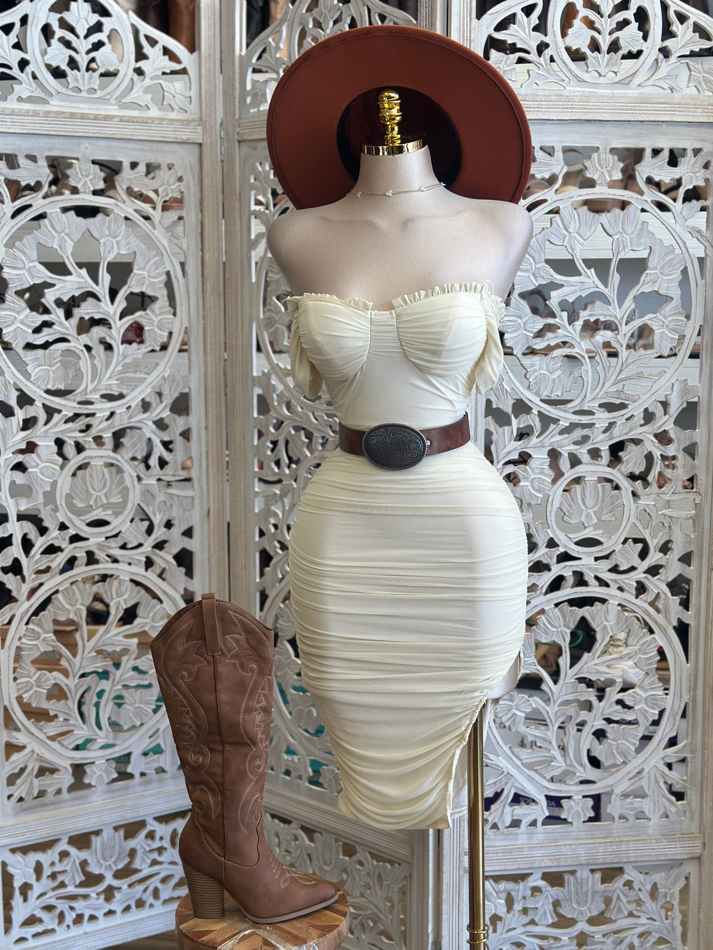 Ivory Off Shoulder Midi Dress- Stretchy, Estira