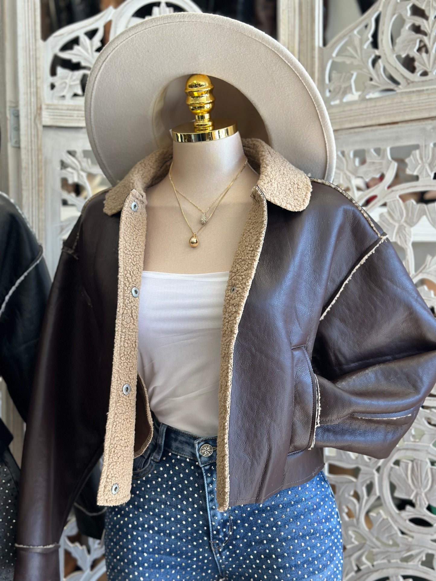 Sherpa Lined Faux Leather Jacket- Stretchy,Estira