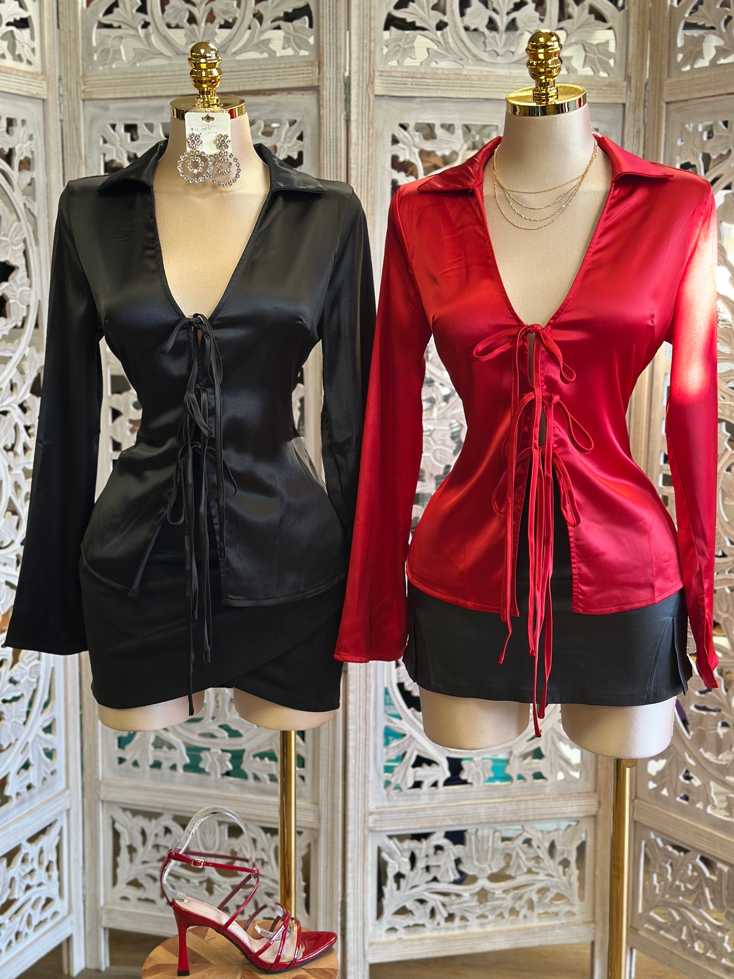 Satin Collard Bow Blouse- Not Estira, Stretchy