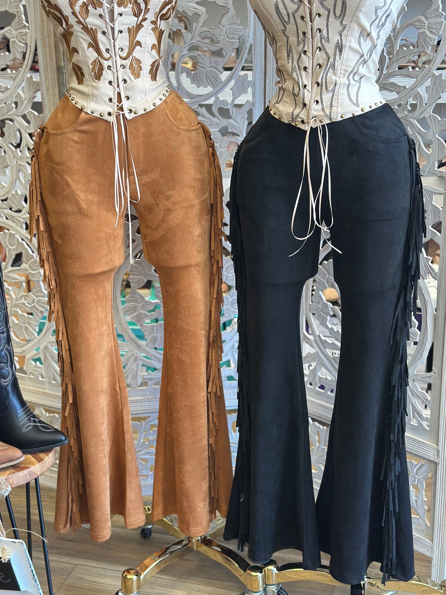Suede Fringe Flare Pants - Estira, Stretchy