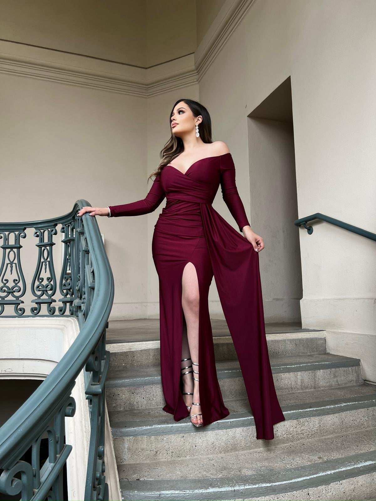 Burgundy Formal High Slit Ruched Dress- Stretchy,Estira