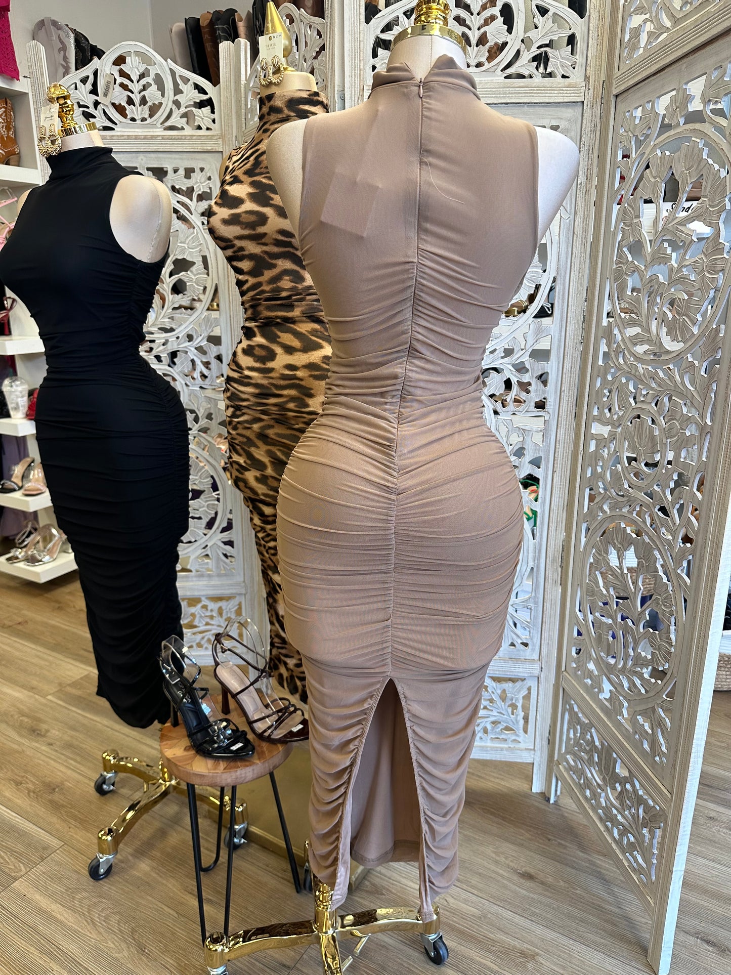 Mock Neck Ruched Midi Dress- Stretchy