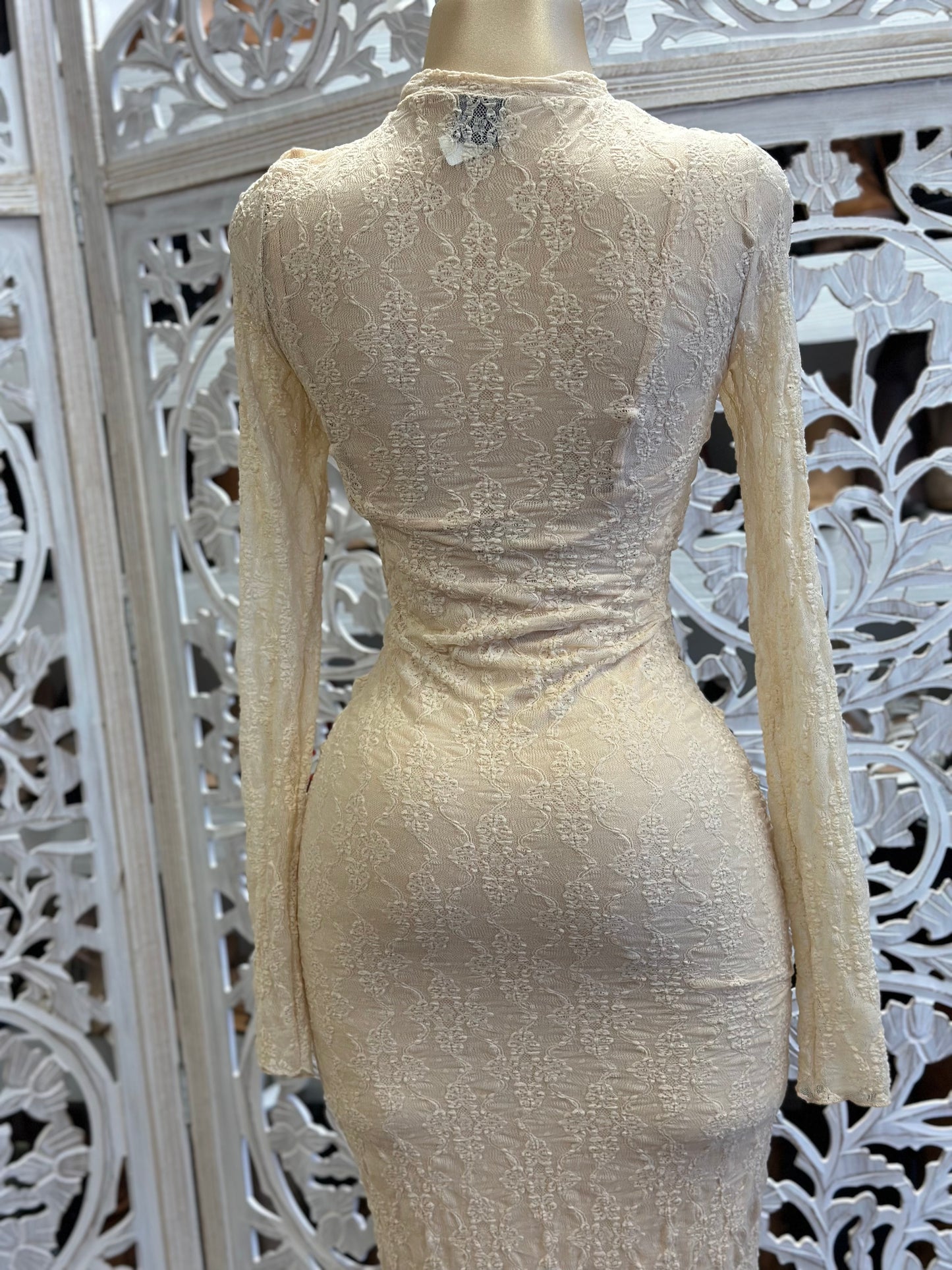 Beige Lace Maxi Dress Stretchy