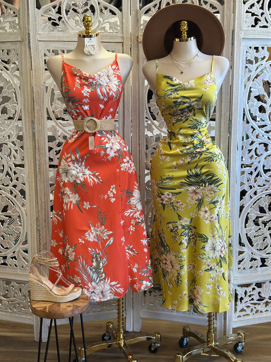 Satin Floral Midi Dress - No Estira, Not Stretchy