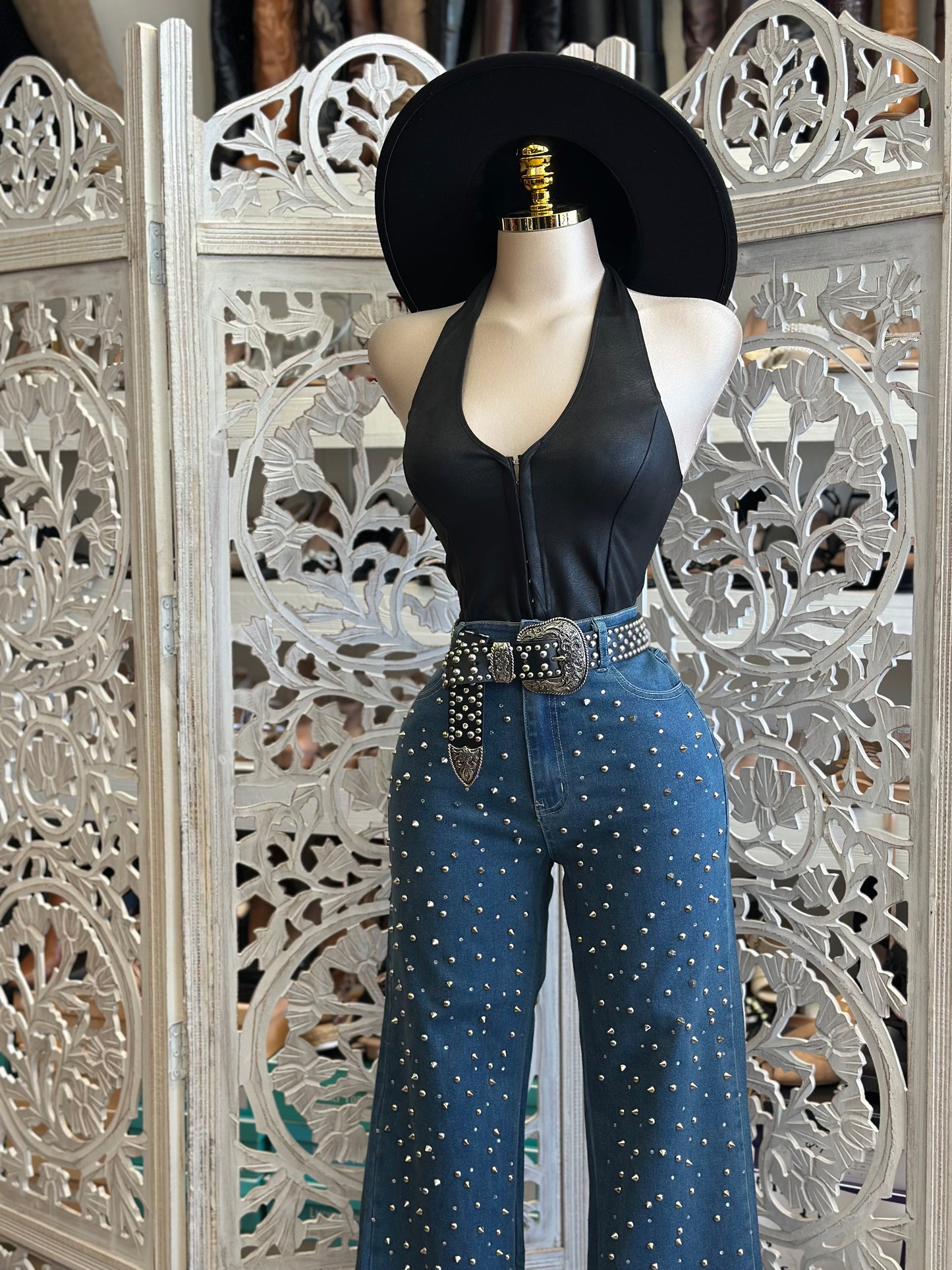 Rhinestone Dark Denim Wide Jeans - Stretchy, Estira