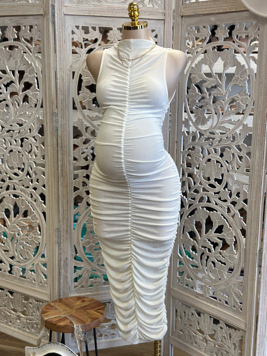 White Mock Neck Midi Ruched Dress- Stretchy,Estira