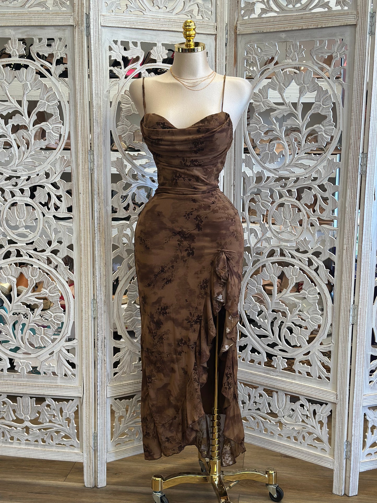 Earth Brown Floral Draped Ruffle Midi Dress-Estira, Stretchy