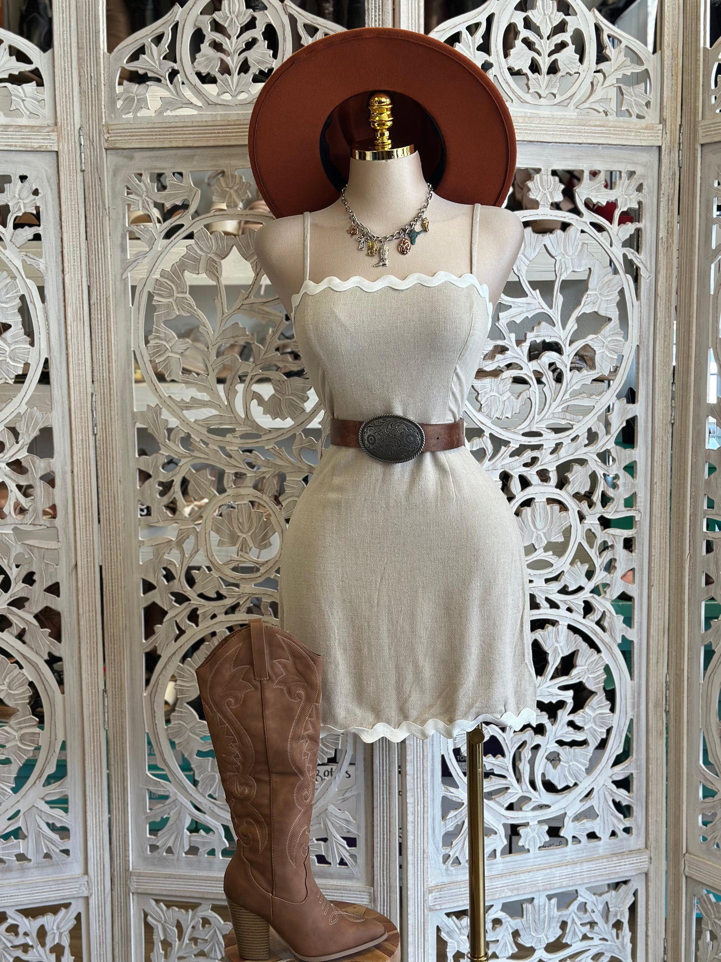 Squiggle Line Beige Mini Dress- Not Stretchy, No Estira