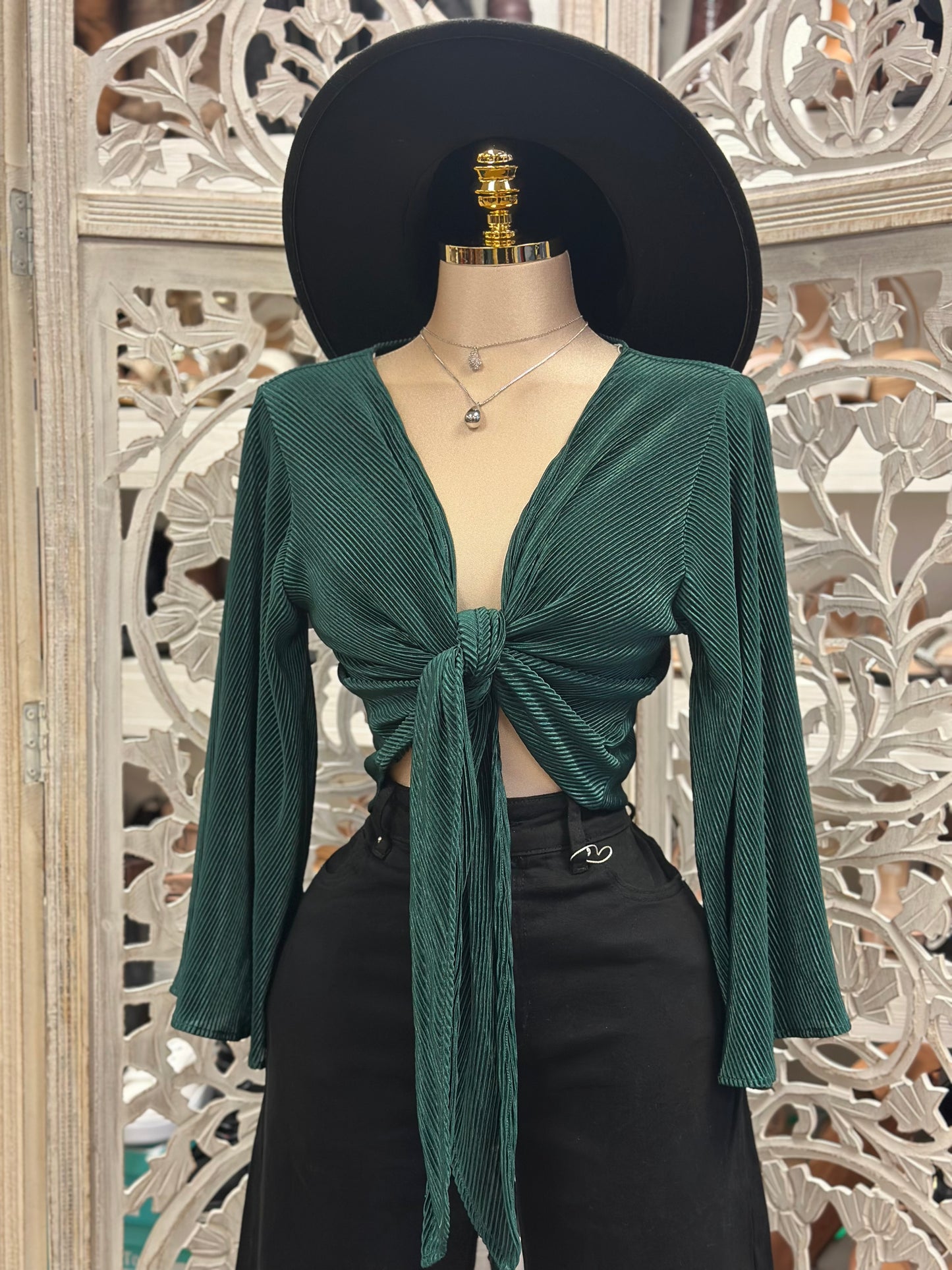 Deep Green Pleated Knot Blouse- Estira, Stretchy