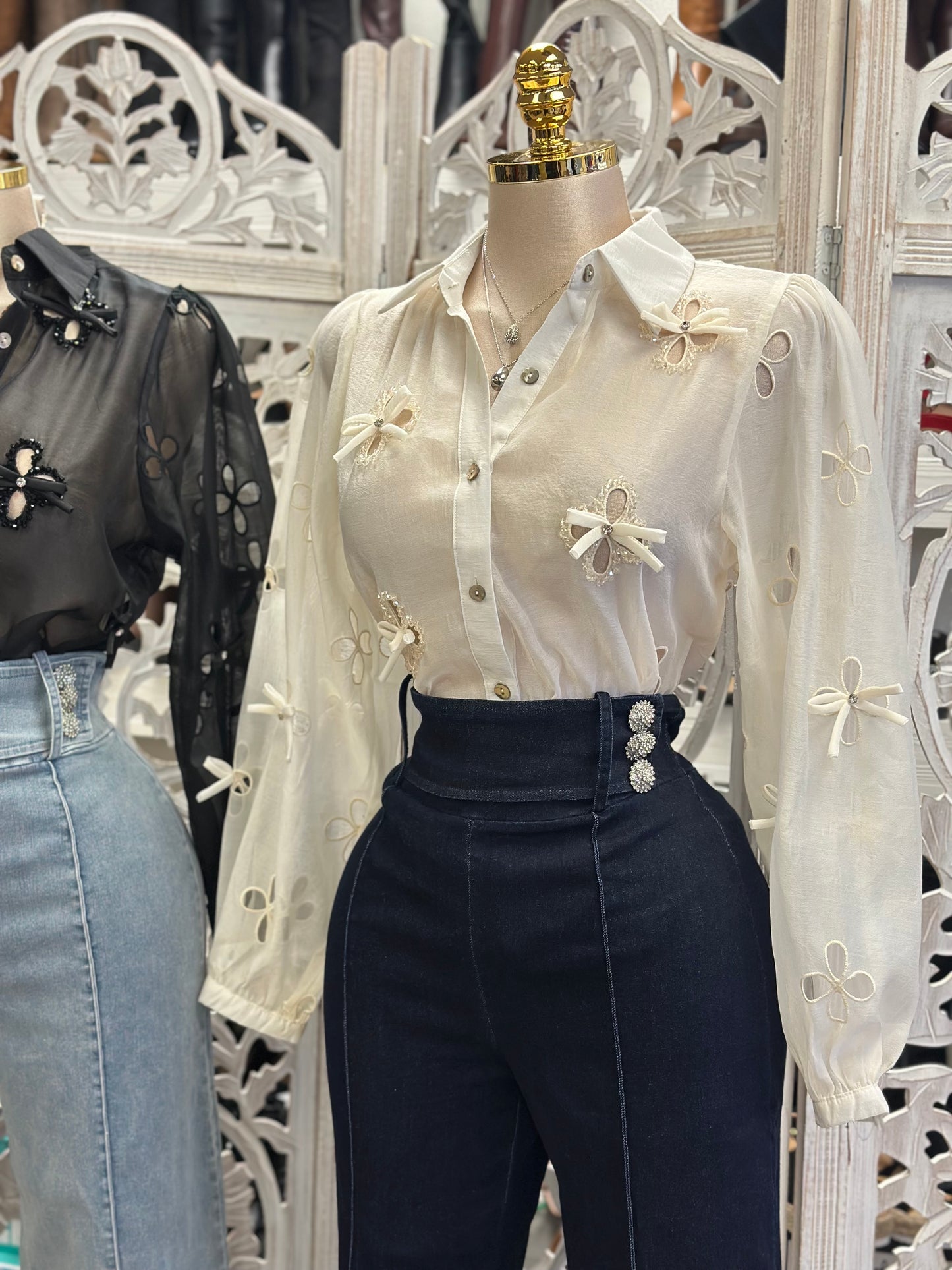 Eyelet Button Up Blouse- Estira, Stretchy