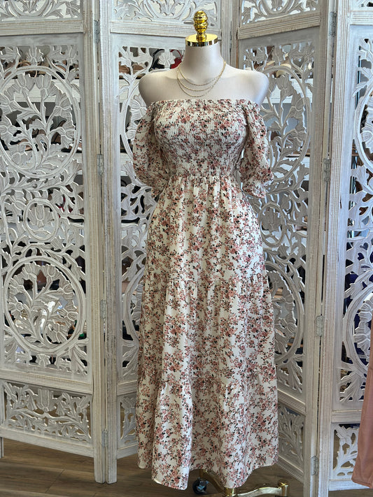Floral Smocked Off Shoulder Maxi Dress - Estira, Stretchy