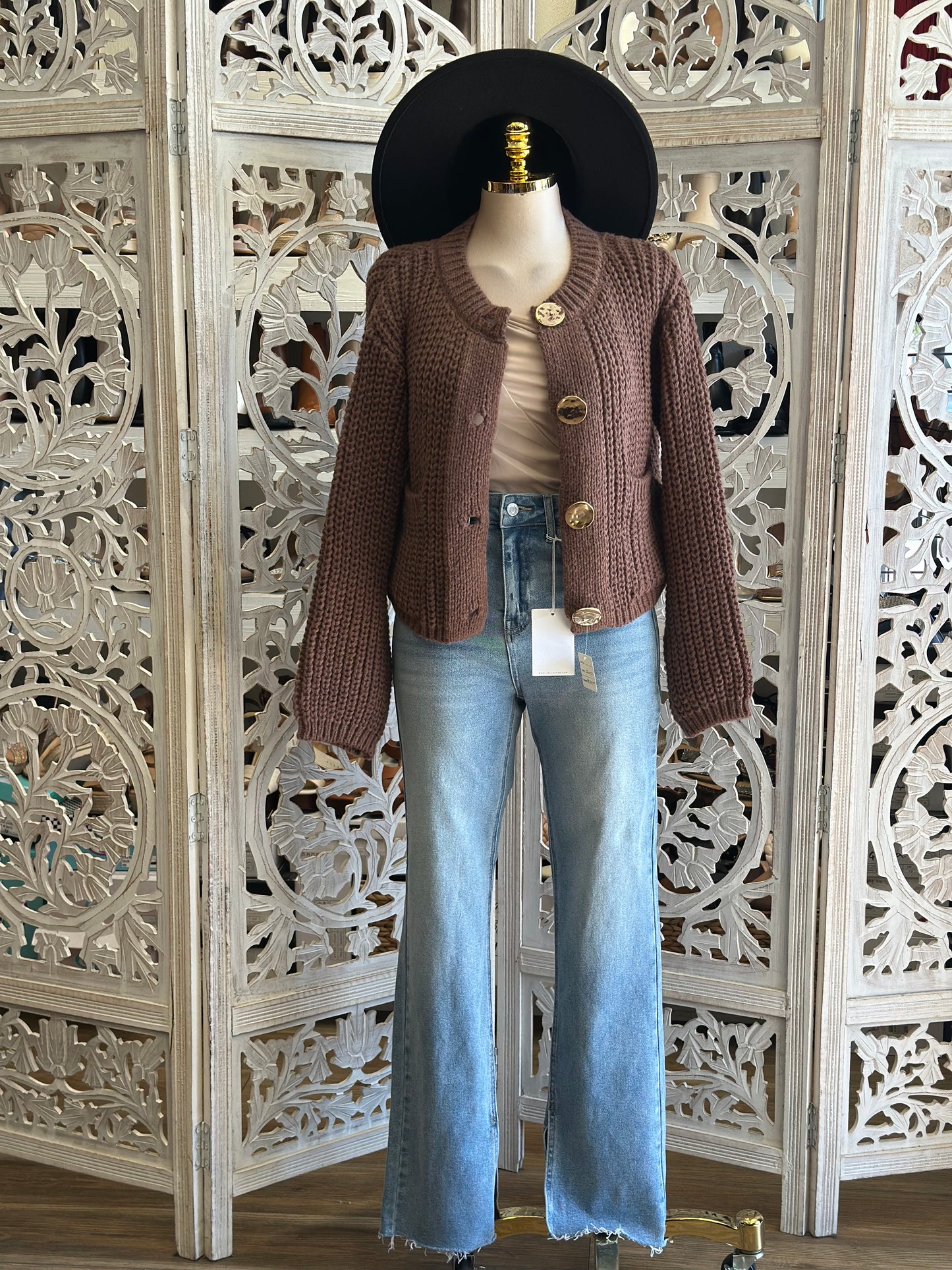 Round Neck Crochet Gold Button Up Sweater