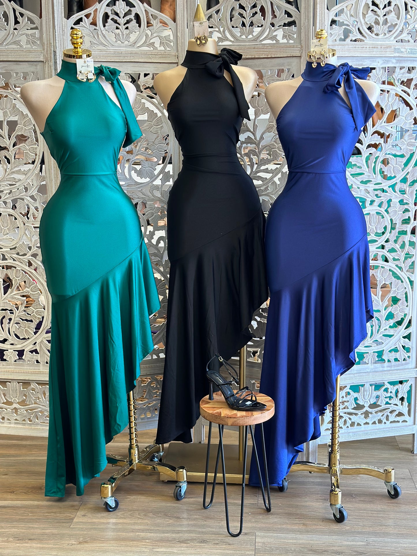 High Neck Ribbon Maxi Dress- Stretchy,Estira