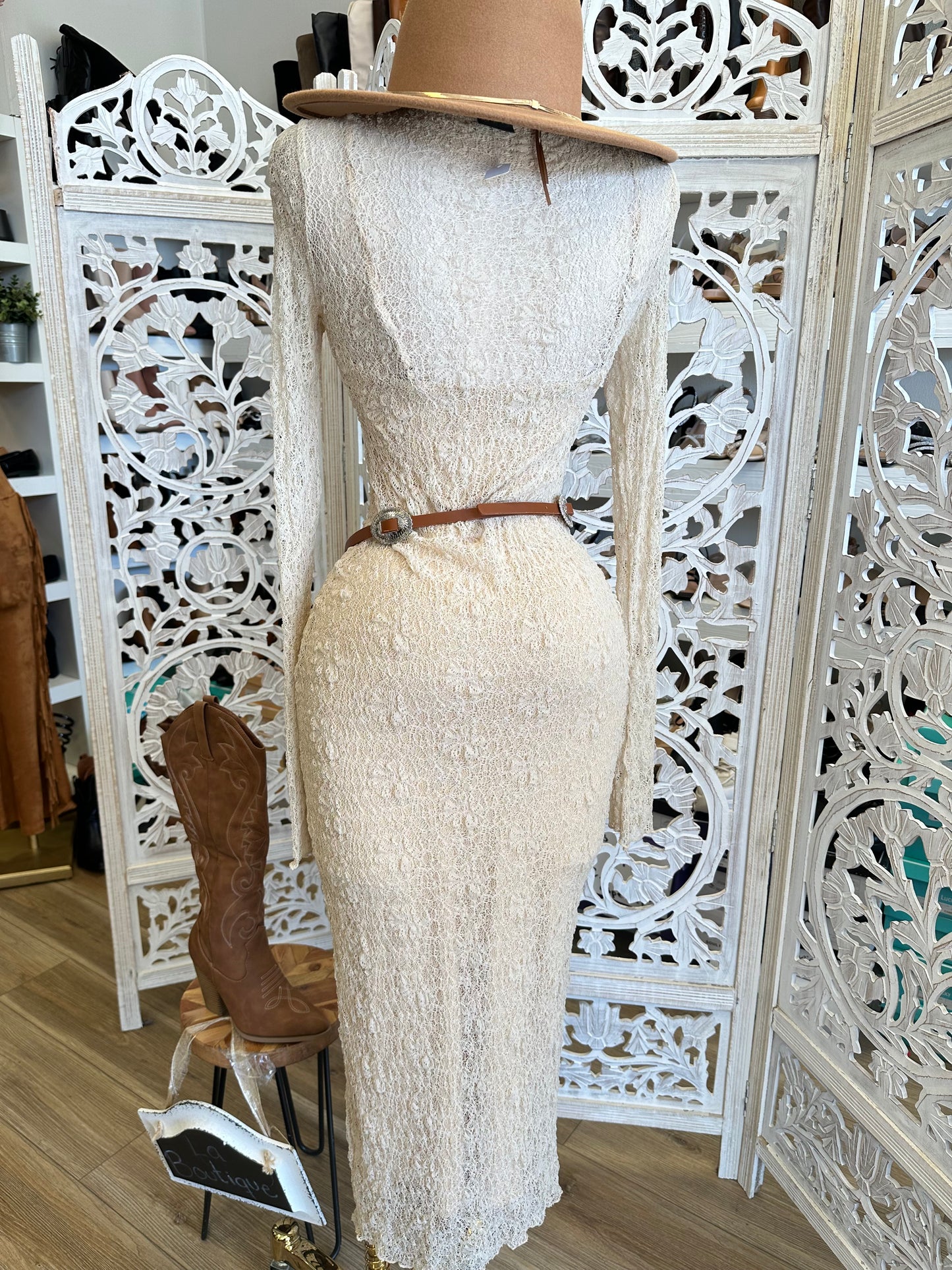 Lace Long Sleeve Beige Dress- Stretchy, Estira
