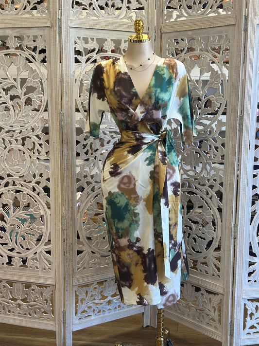 Wrapped Teal and Blue Midi Dress-No Estira, Not Stretchy