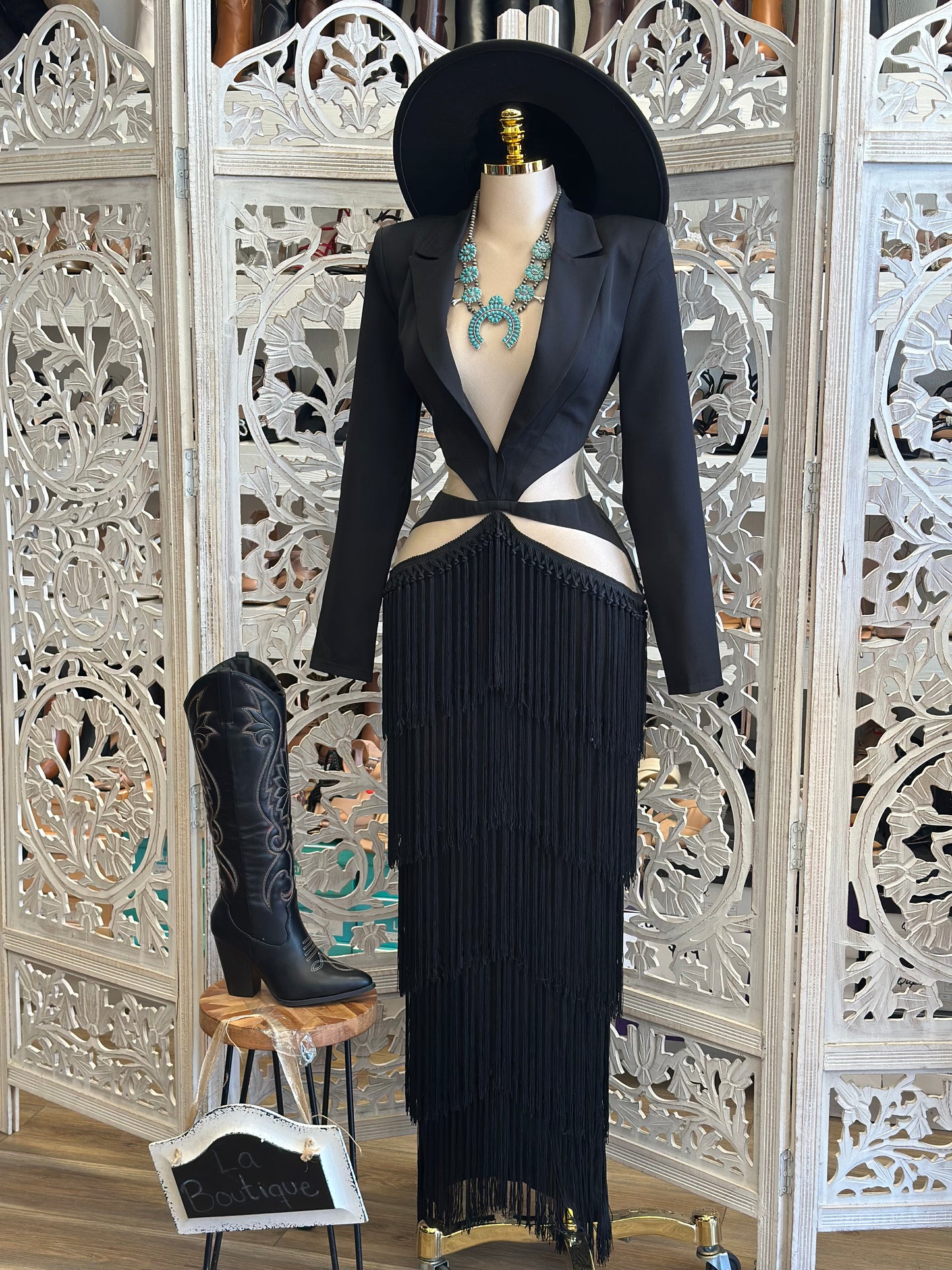 Fringe Hip Cutout Black Dress-No Estira, Not Stretchy