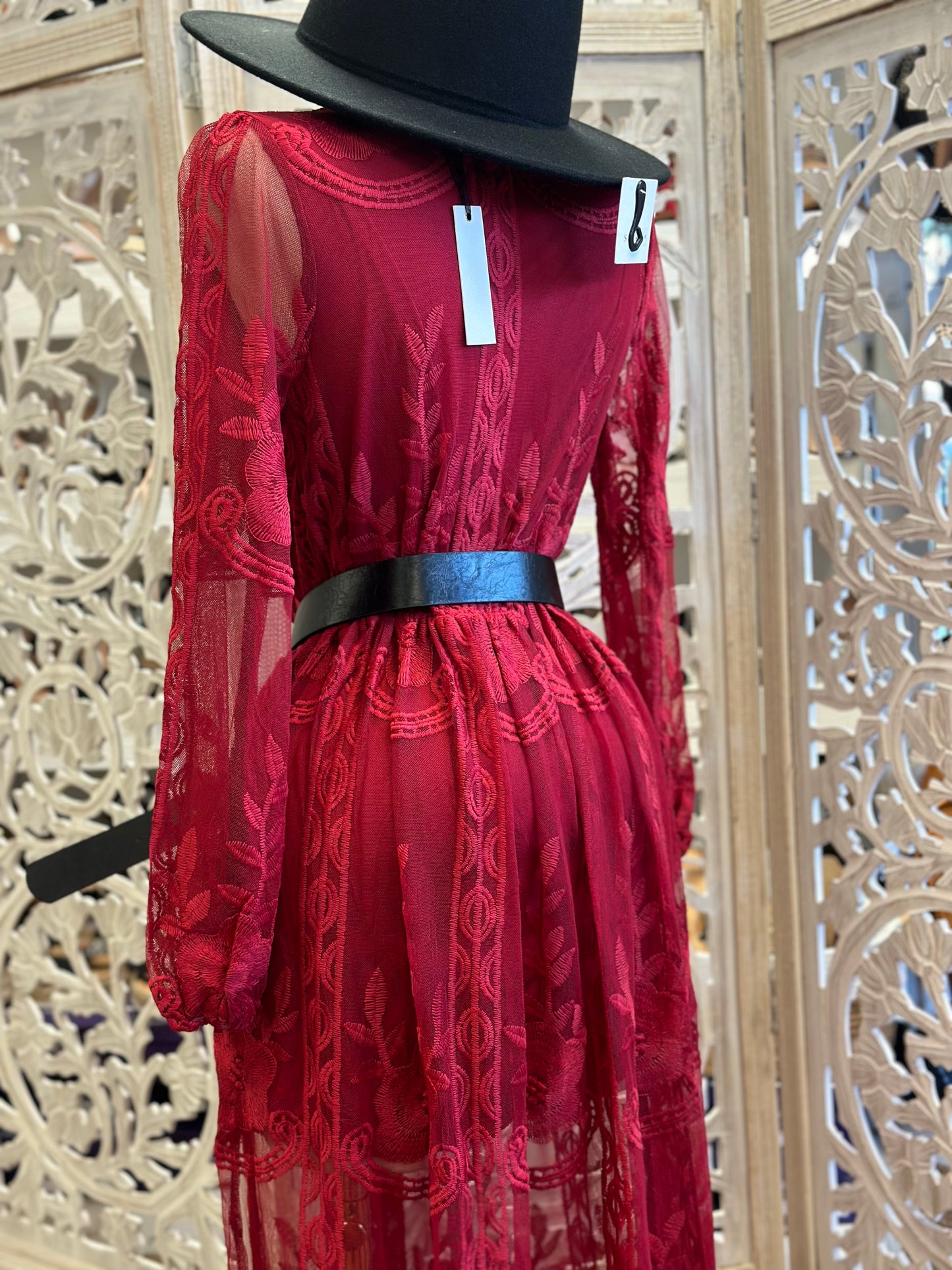 Sheer Embroidered Burgundy Maxi Dress - Estira, Stretchy