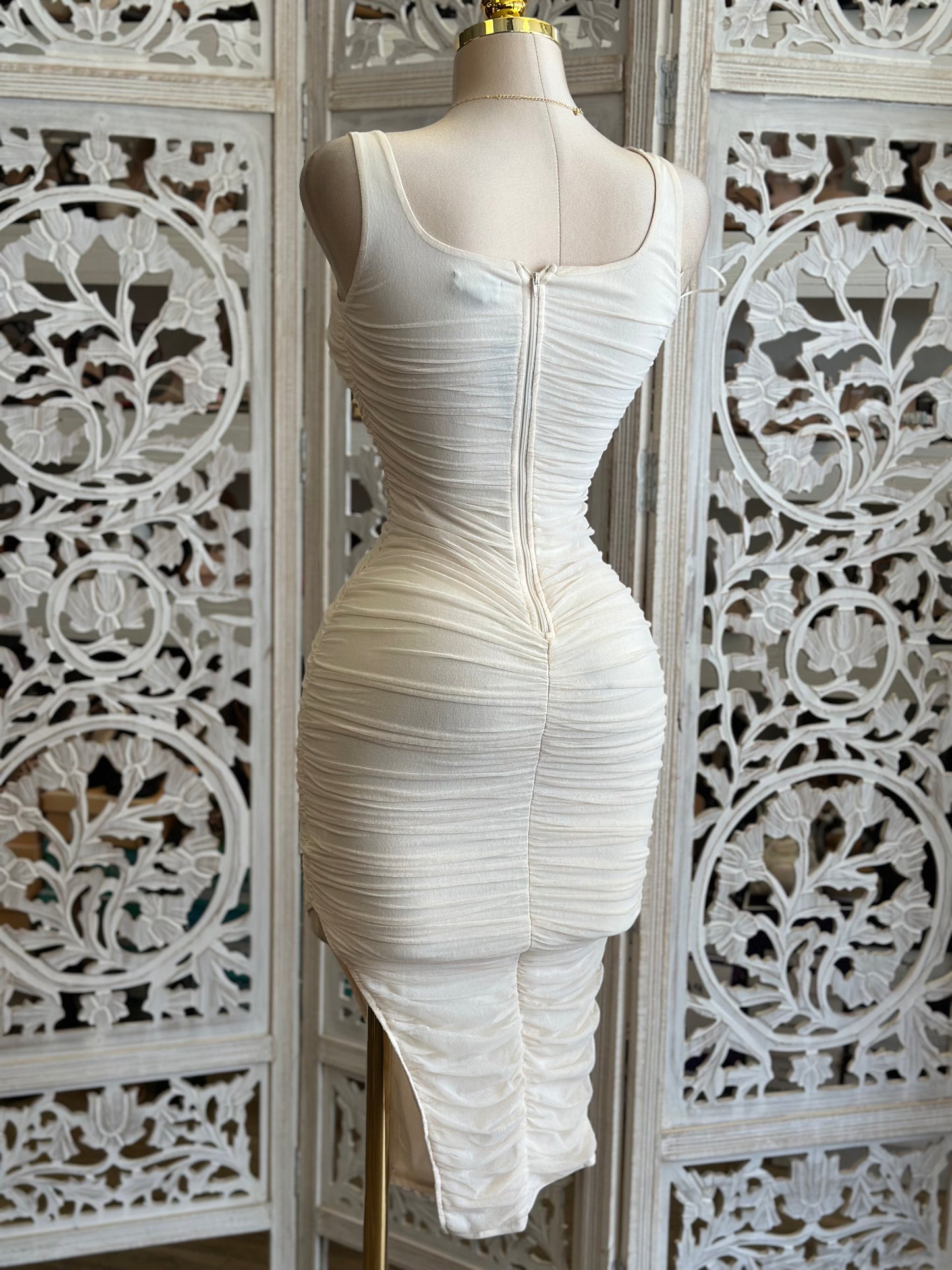 Ivory Scoop Neck Ruched Midi Dress -Estira, Stretchy