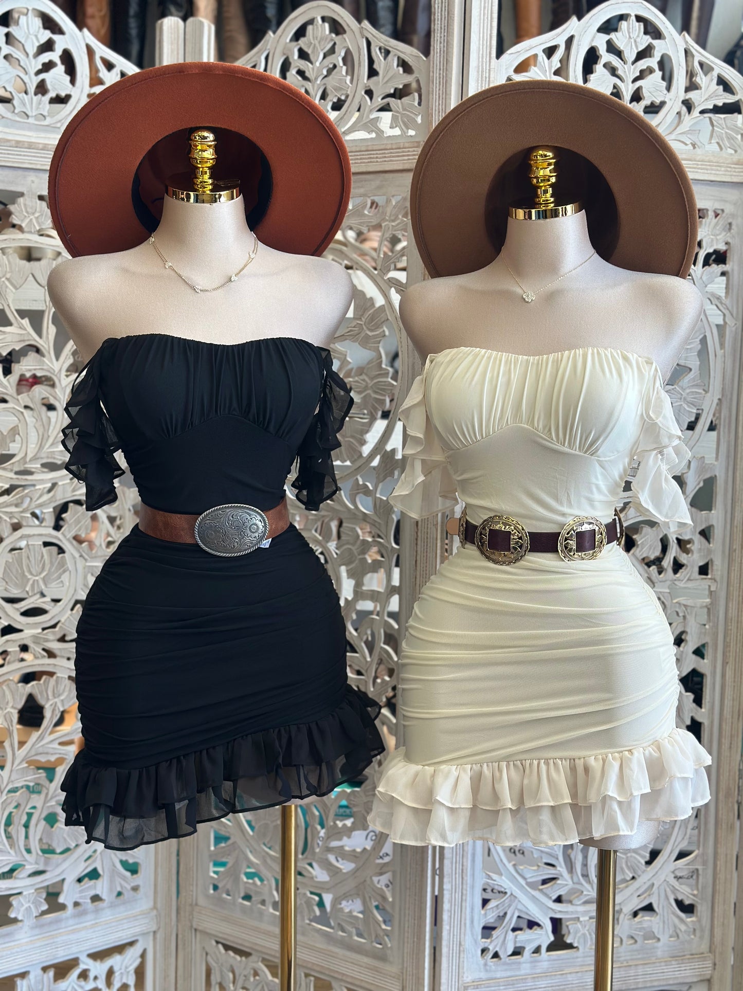 Ruffled Off Shoulder Mini Dress - Estira, Stretchy