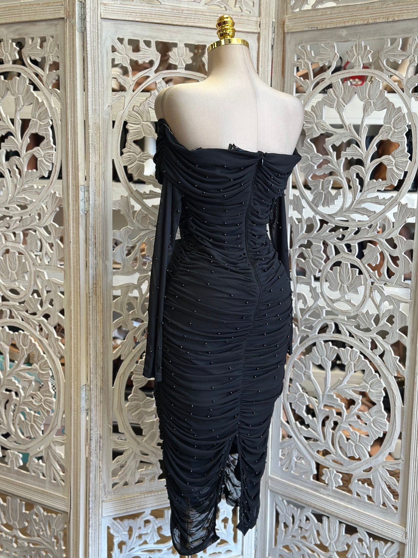 Black Ruched Pearl Dress- Stretchy,Estira