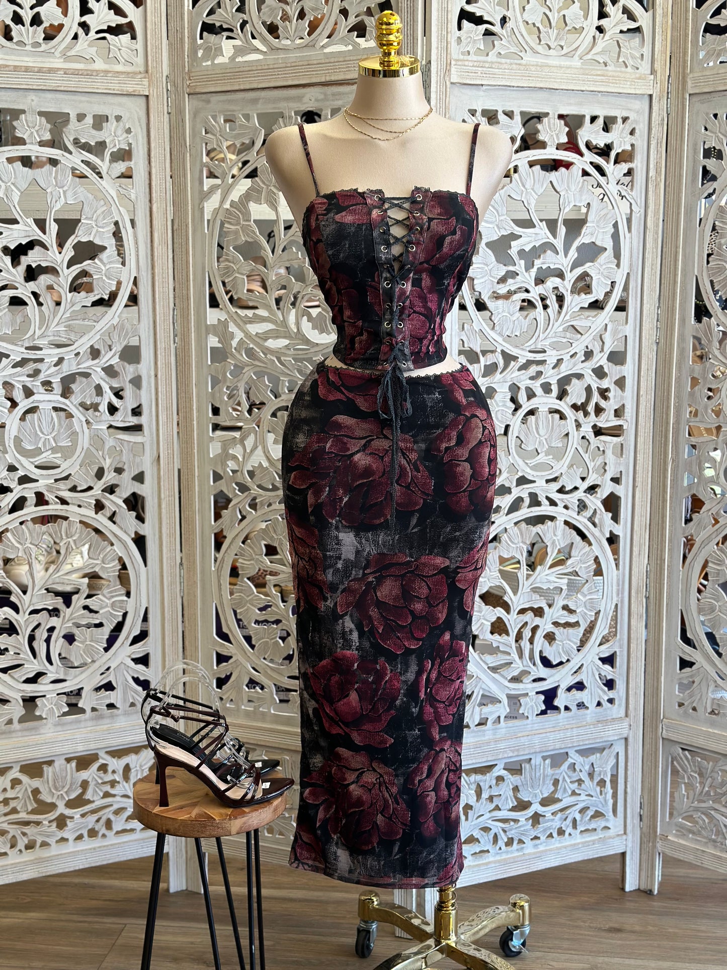 Burgundy Floral Tie Up Set- Stretchy, Estira