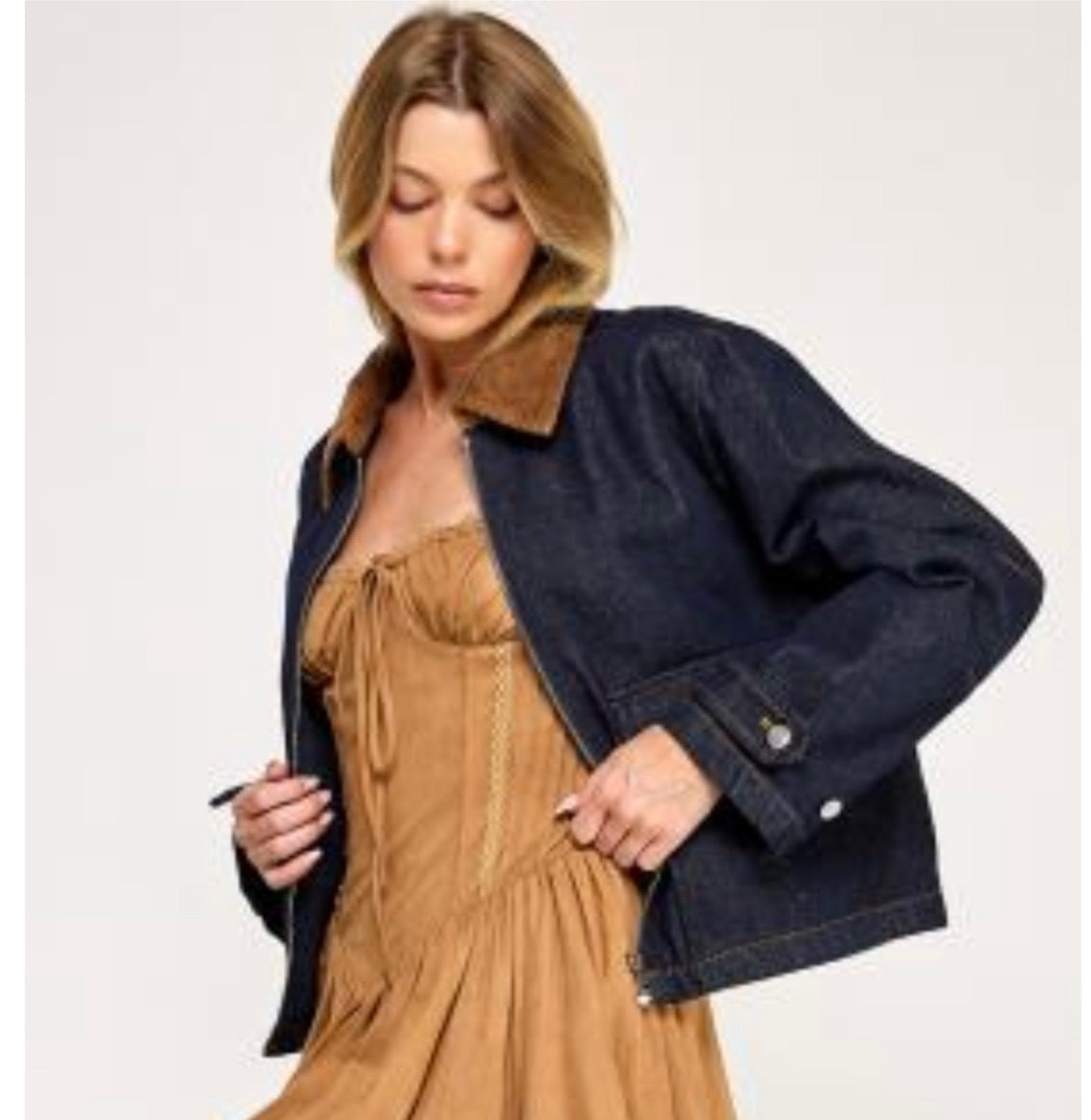 Corduroy Neck Denim Cropped Jacket