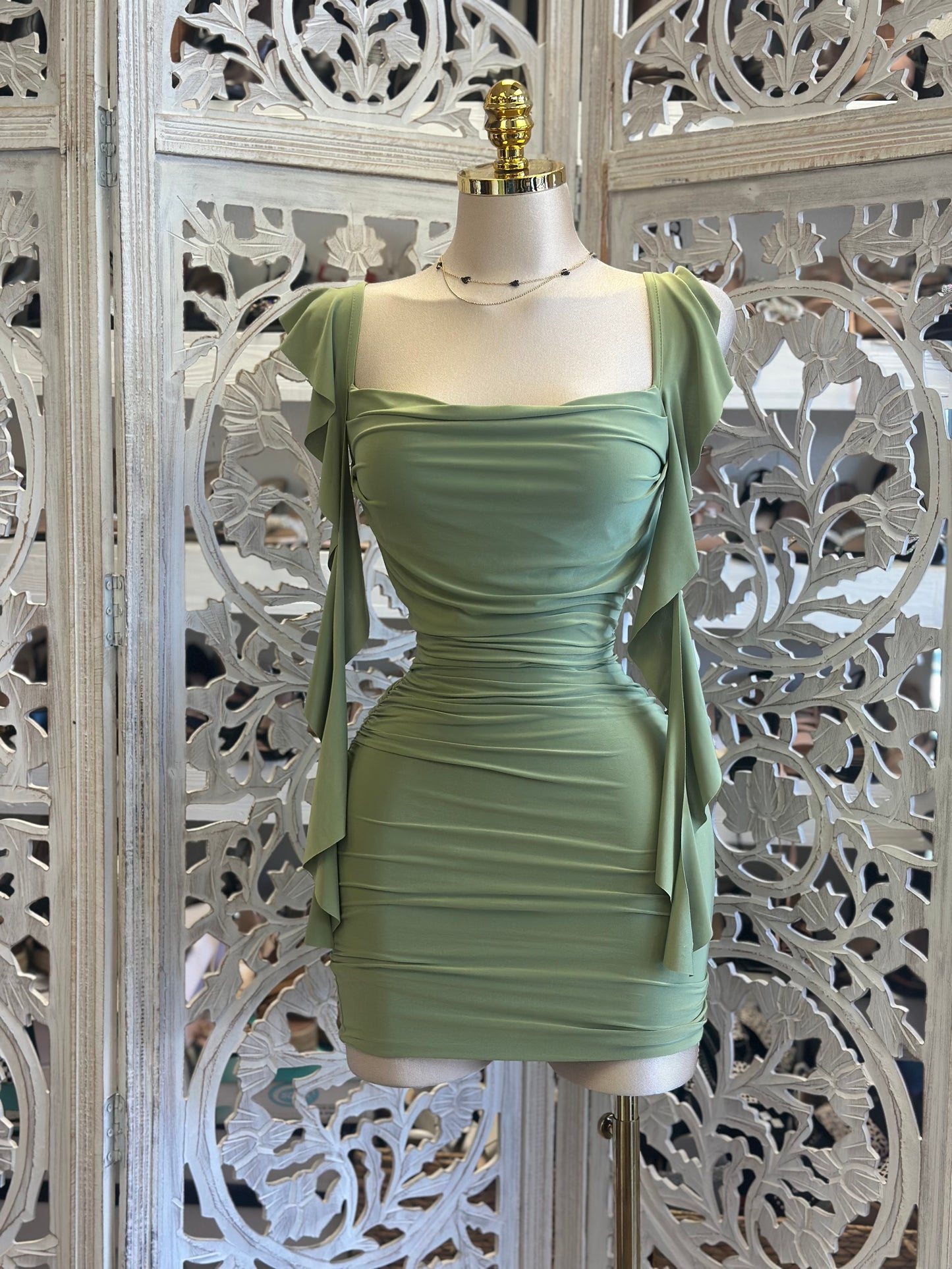 Green Flutter Sleeve Mini Dress-Estira, Stretchy