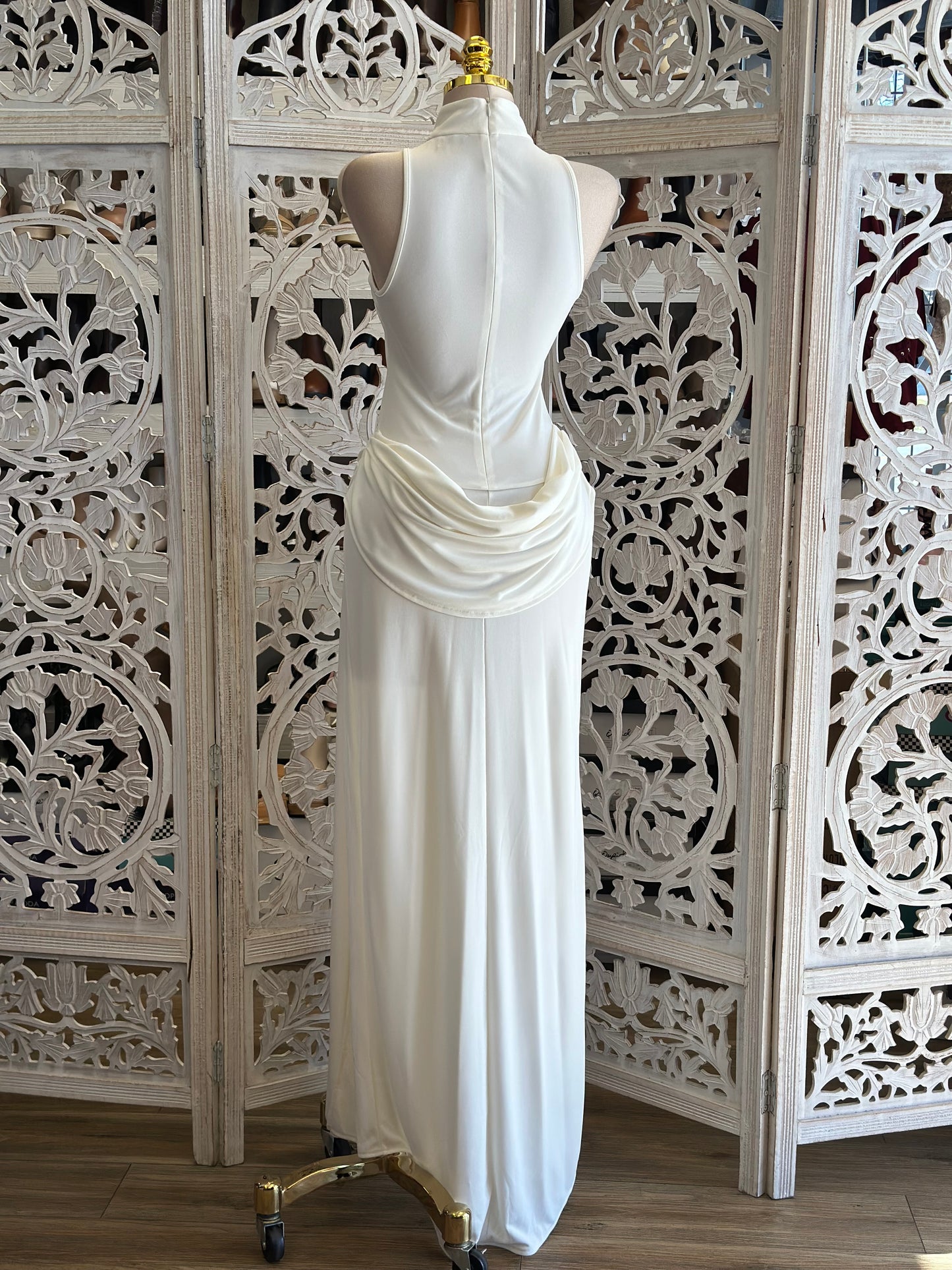 White Mock Neck Draped Maxi Dress-Estira, Stretchy