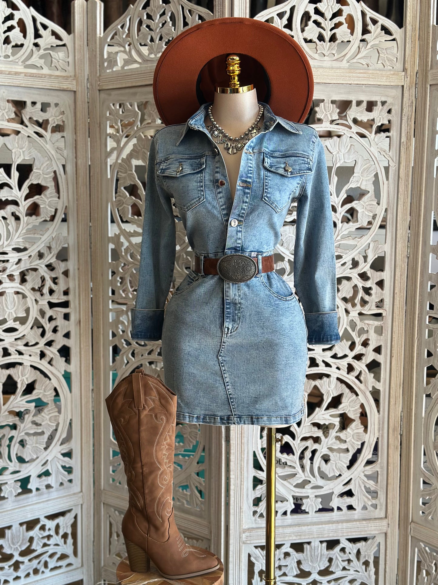 Light Denim Button Mini Dress- Stretchy,Estira