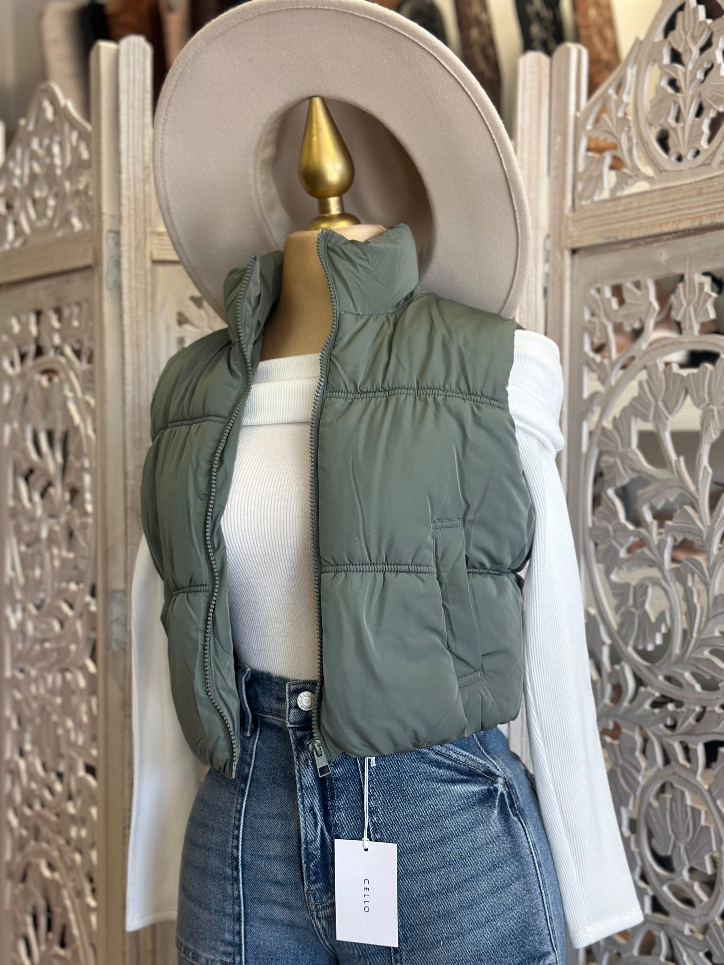 Seafoam Cropped Puffer Vest- Stretchy