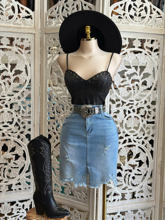 Denim Rhinestone Gradient Skirt-Estira, Stretchy