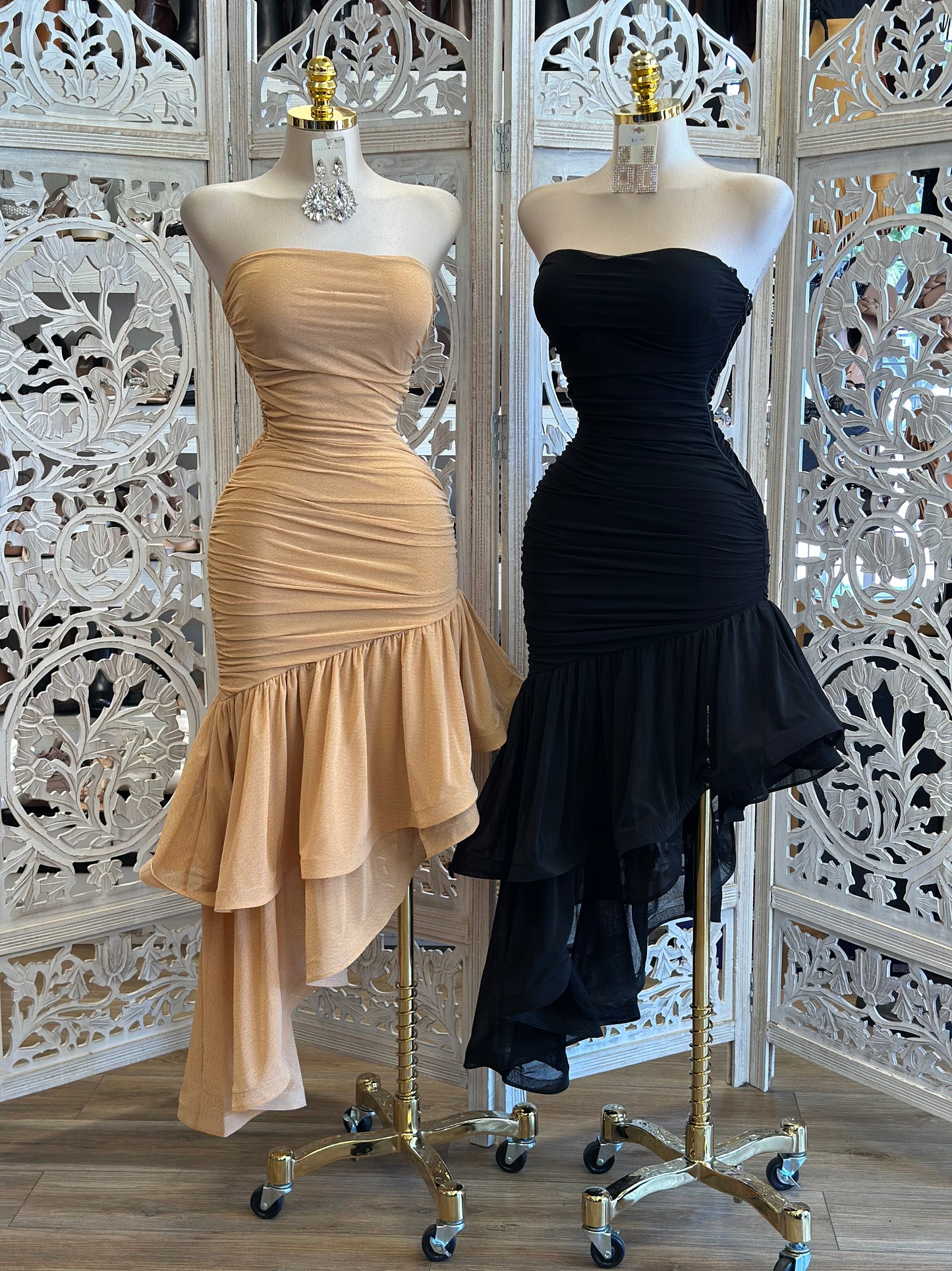 Strapless High Low Ruffle Dress-Estira , Stretchy