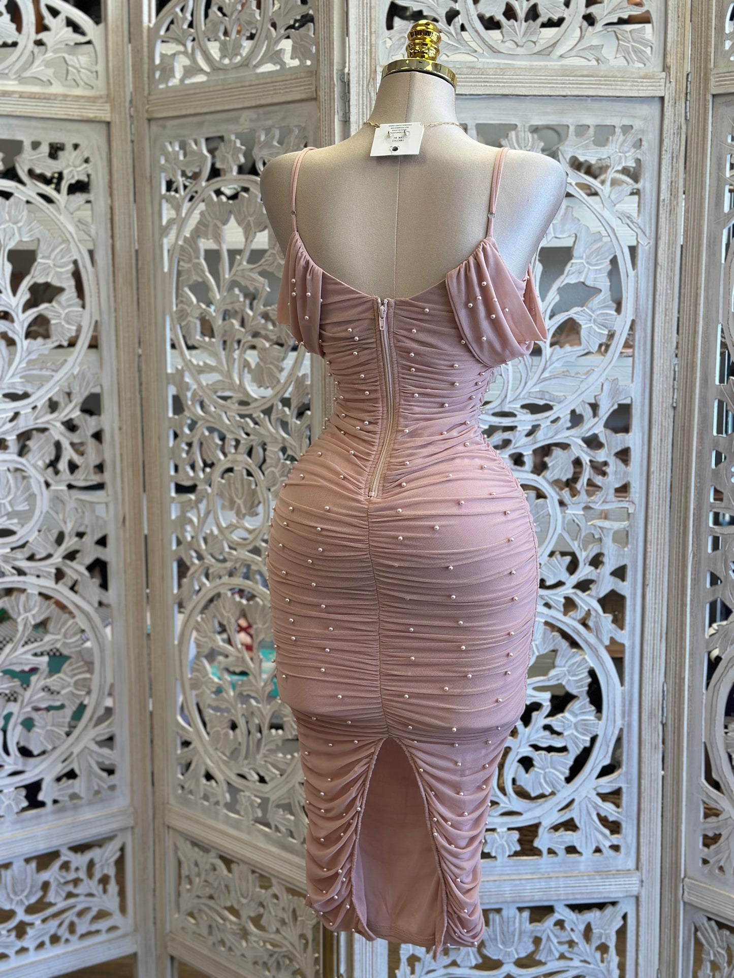 Pink Haze Heartline Pearl Embellished Ruched Dress- Stretchy,Estira