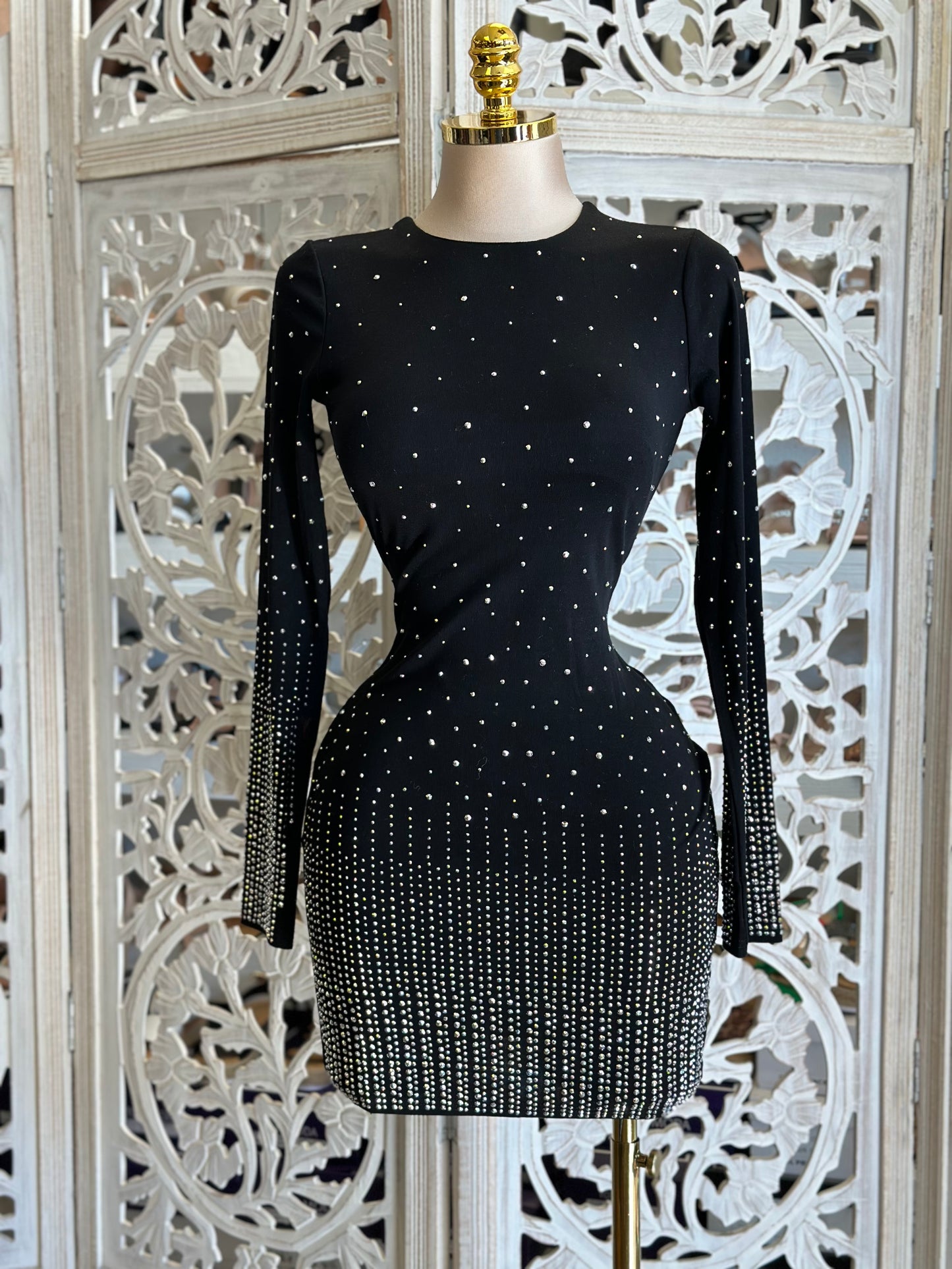 Black Rhinestone Gradient Mini Dress- Stretchy,Estira