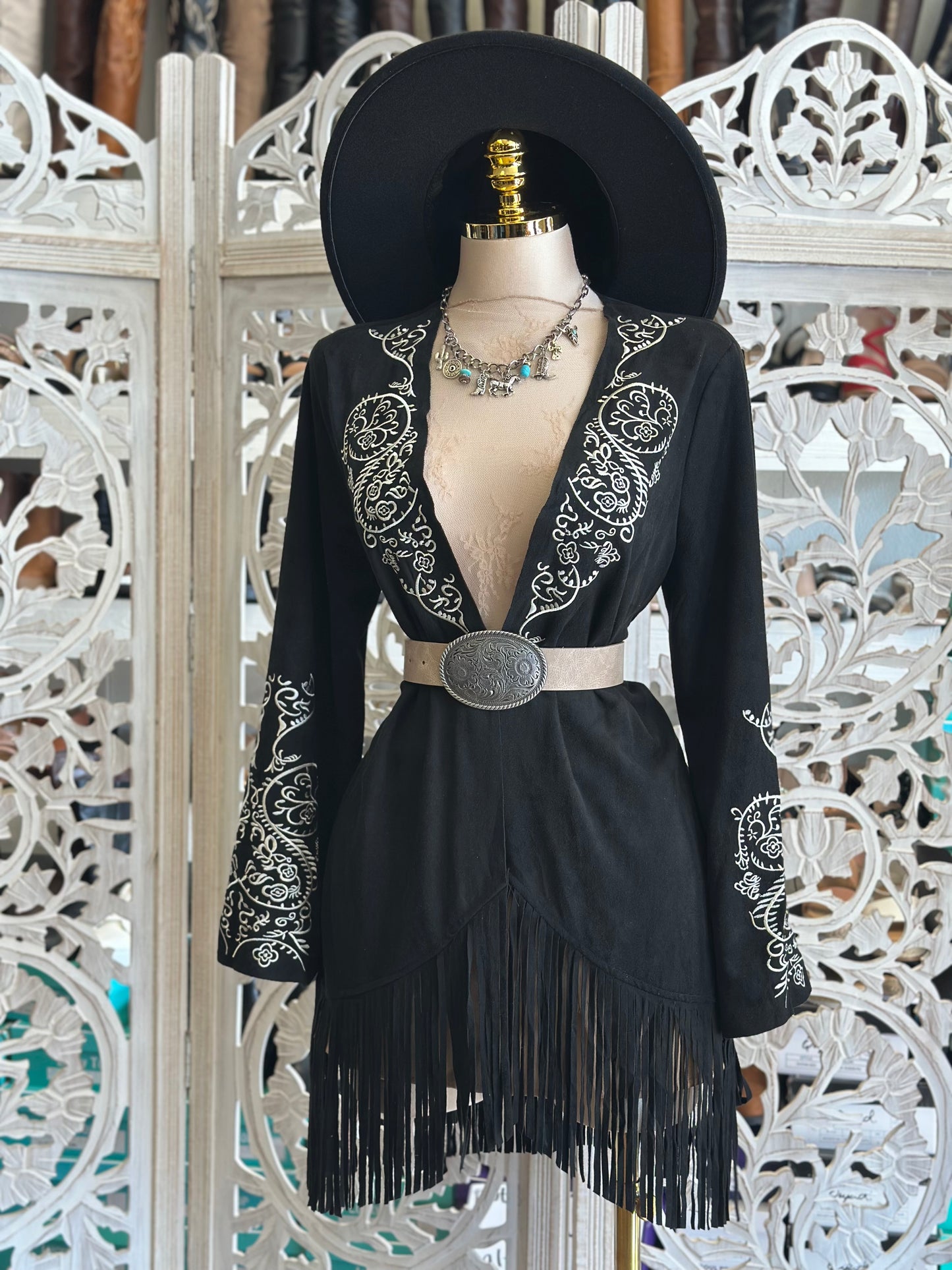 Black Suede Embroidered Fringe Cardigan - Stretchy, Estira