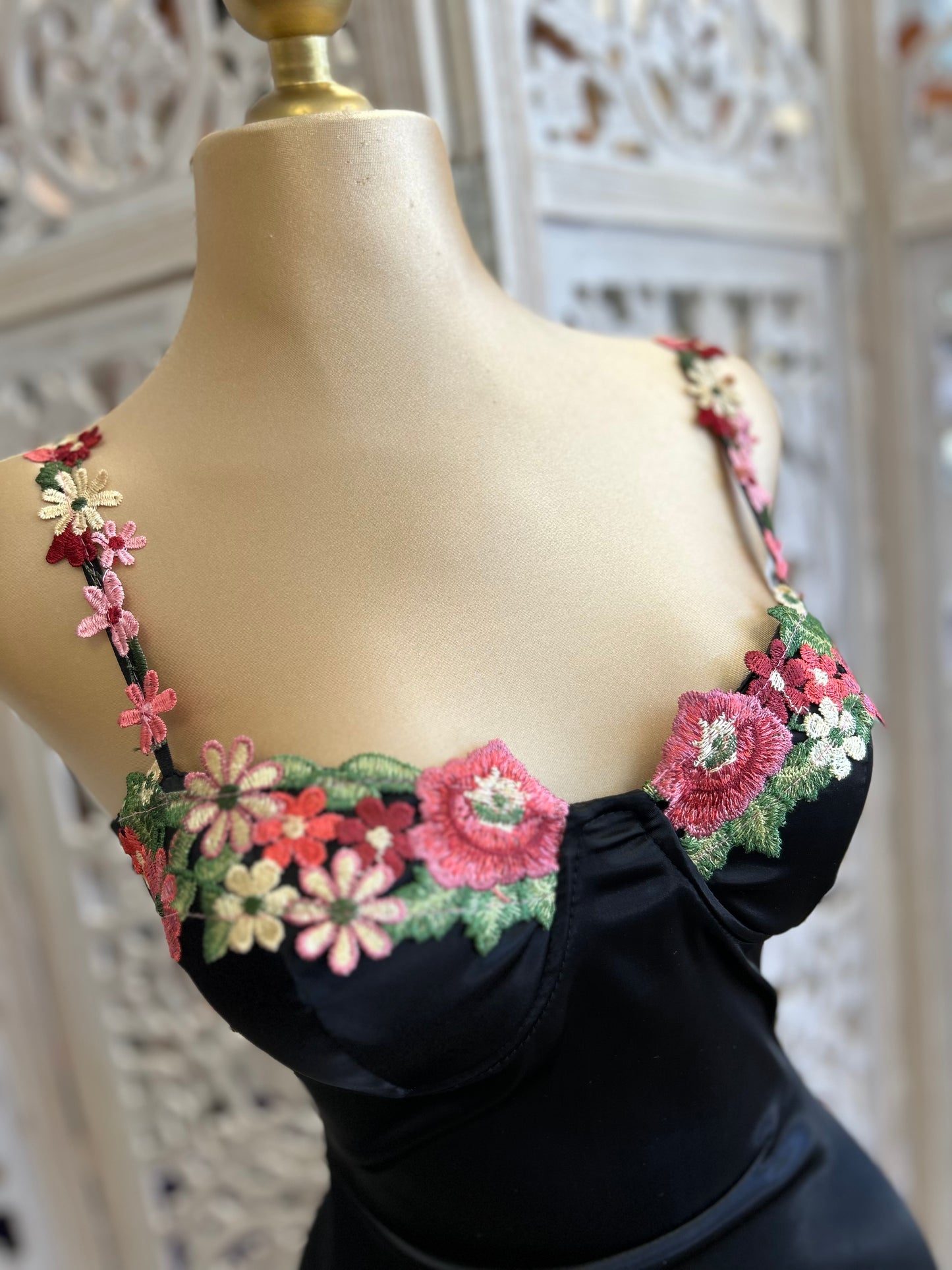 Embroidered Lace Black Satin Mini Dress- Stretchy