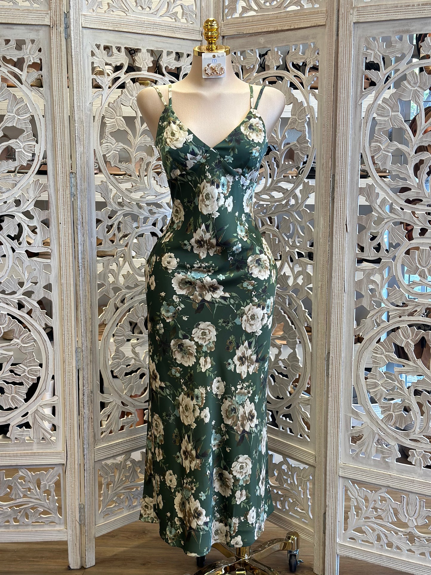 Dark Green Floral Satin Maxi Dress- No Estira, Not Stretchy