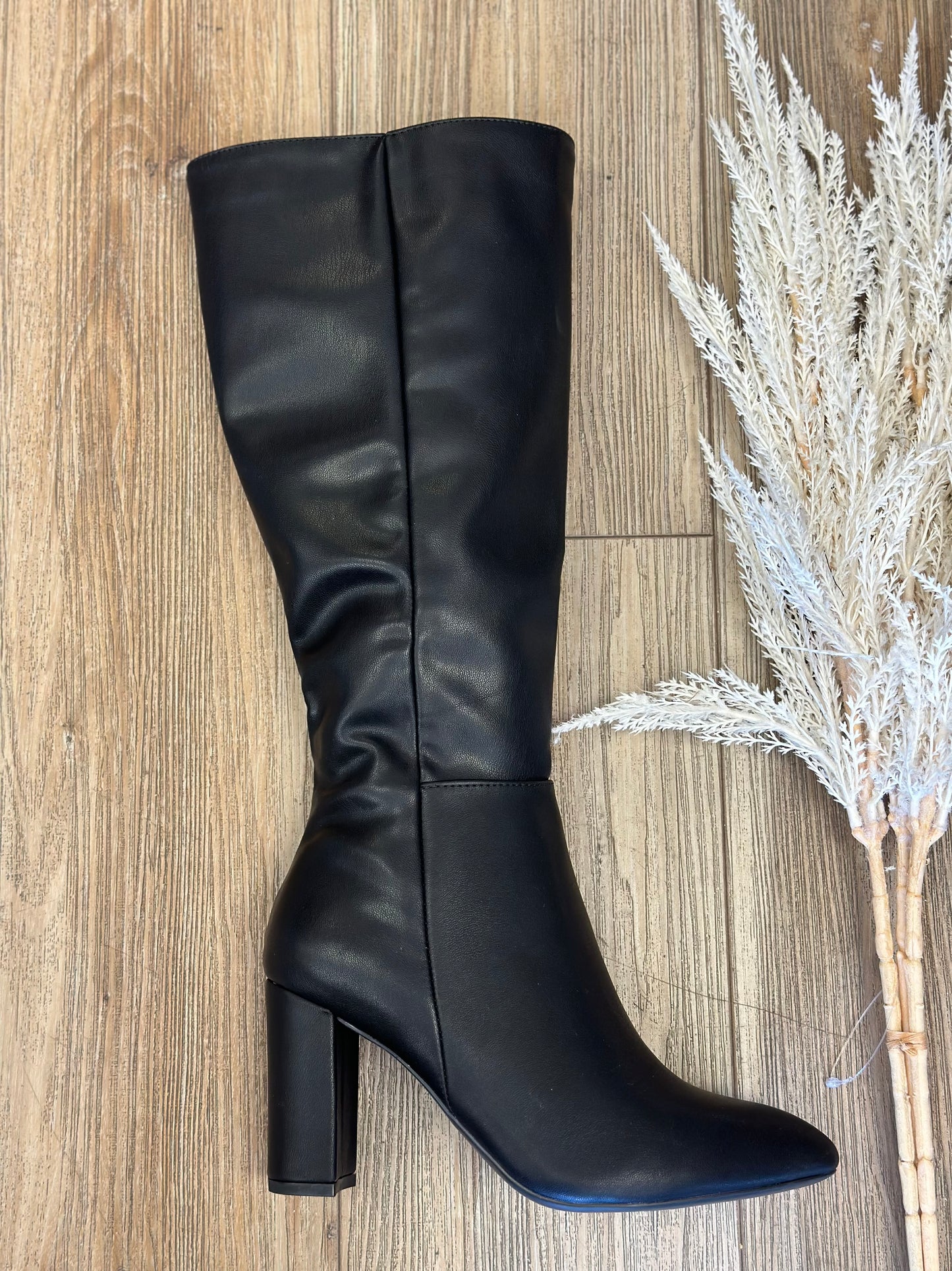 Black Faux Leather Mid Length Pointed Toe Boots