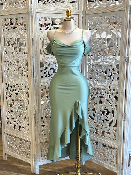 Off Shoulder Light Green Ruffle Dress- Stretchy, Estira