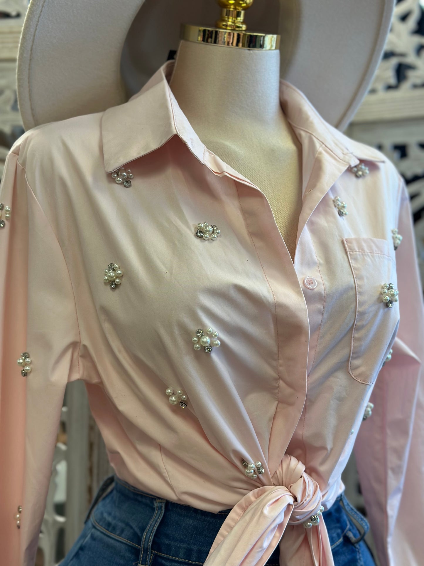 Light Pink Pearl Button Up Blouse- Estira, Stretchy