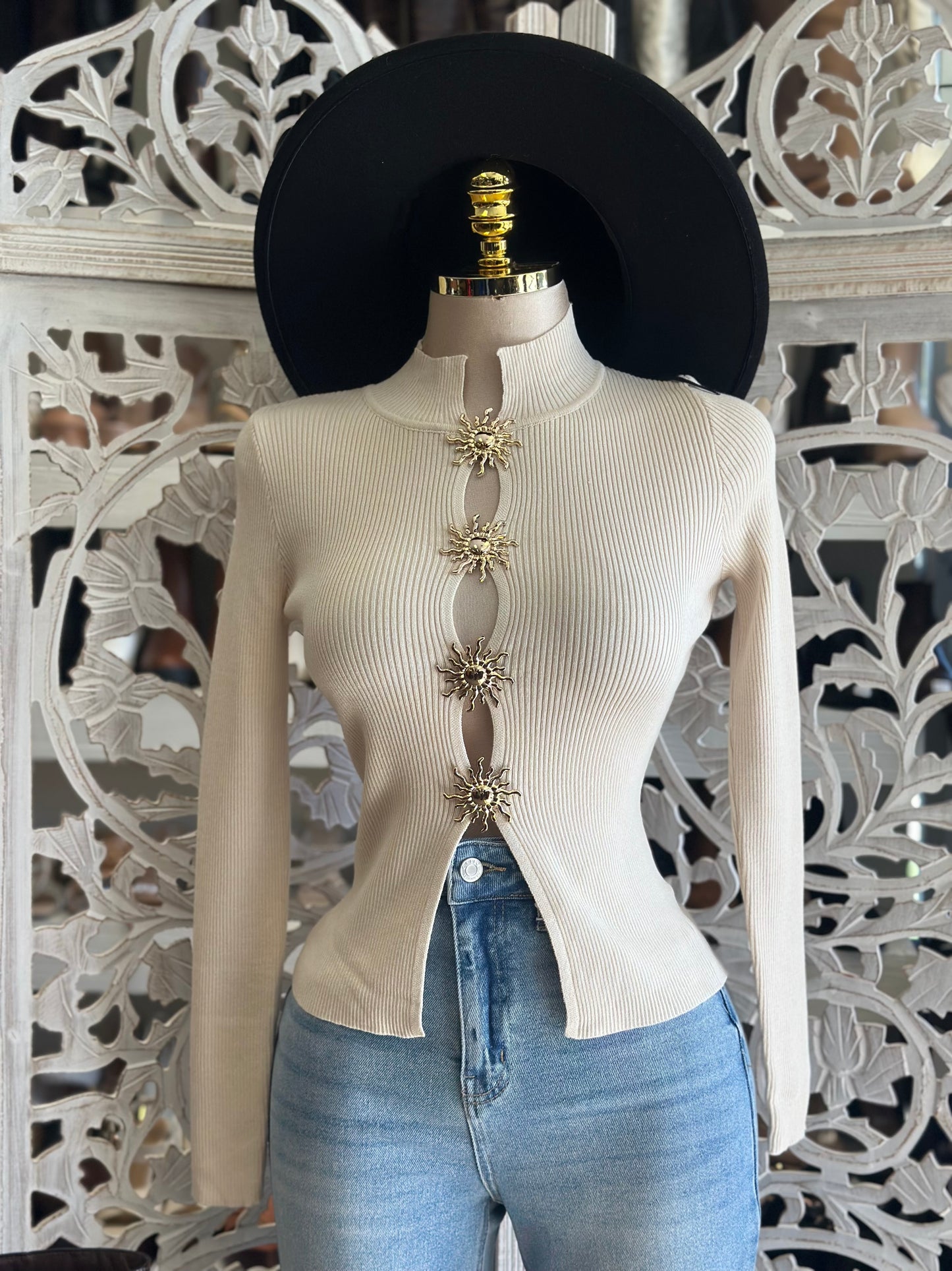 Ivory Sol Button Ribbed Sweater Top- Estira, Stretchy