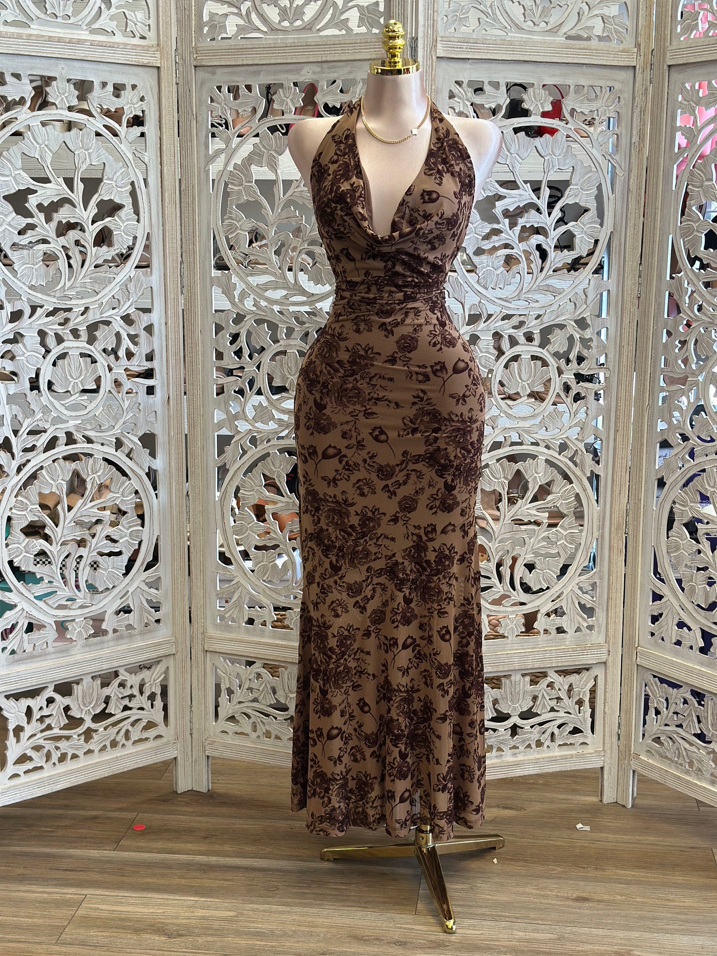 Cowl Neck Floral Brown Dress- Stretchy, Estira