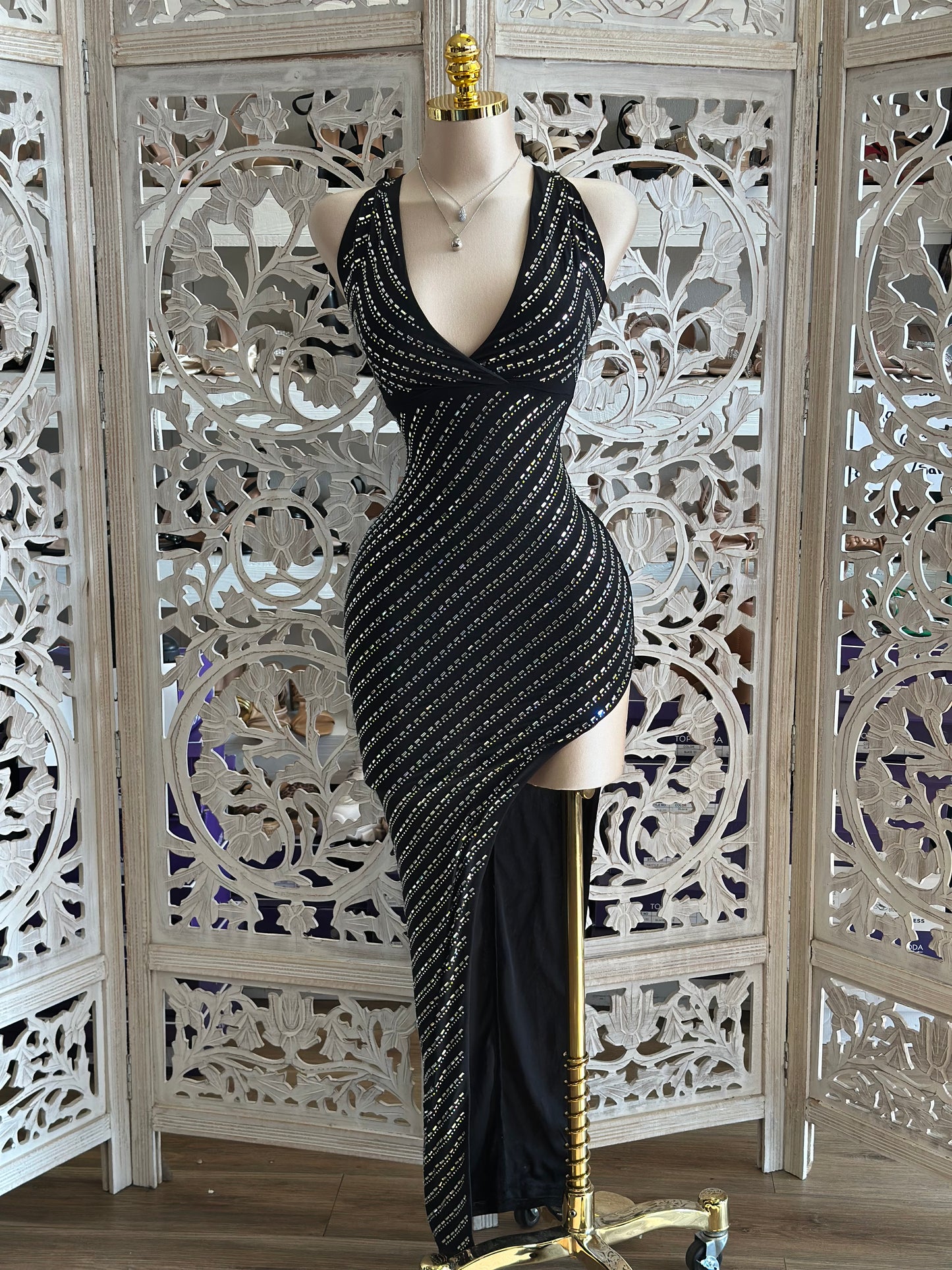 High Slit Deep V Rhinestone Dress- Stretchy,Estira