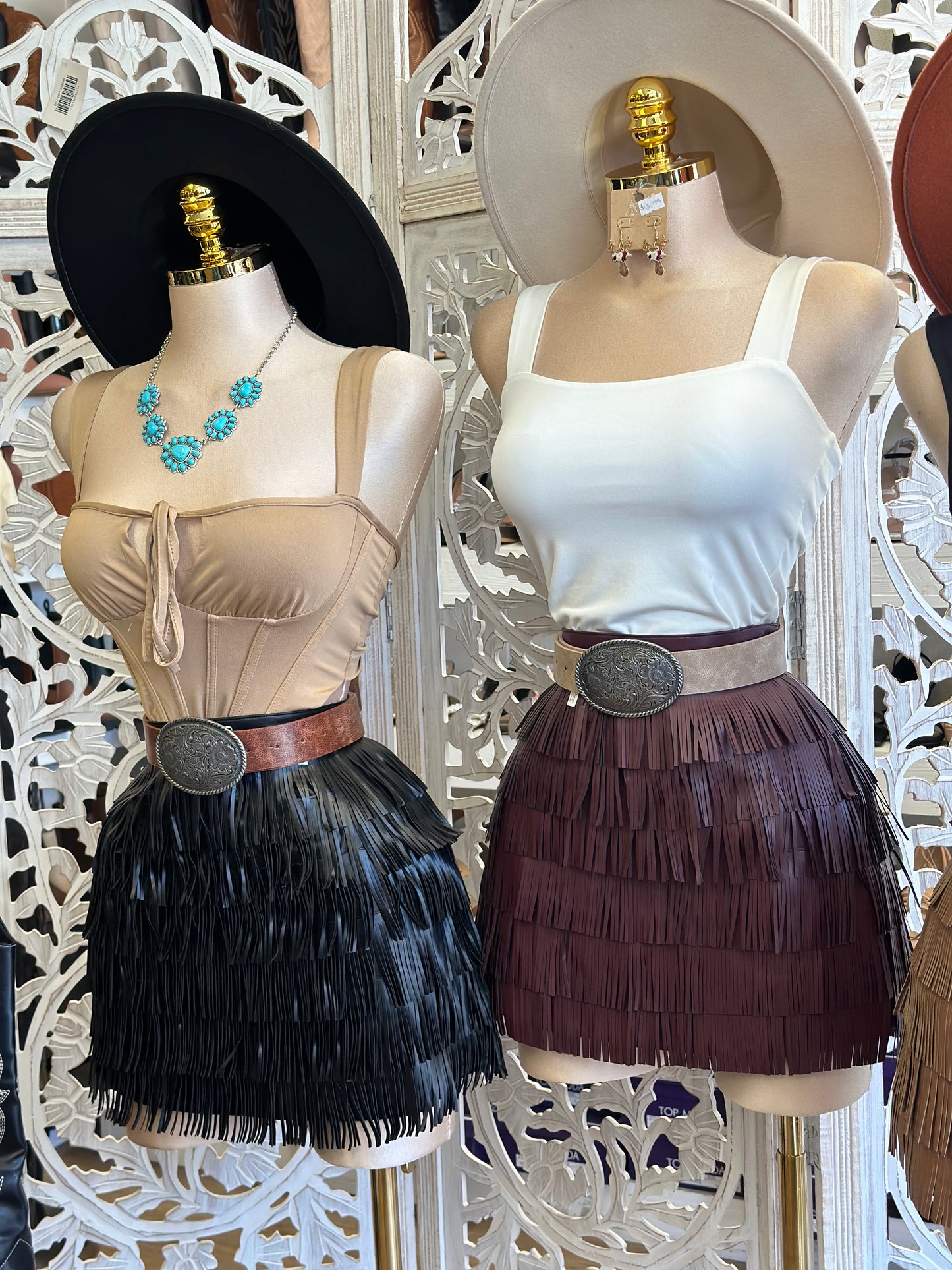 Faux Leather Fringe Mini Skirt-No Estira, Not Stretchy
