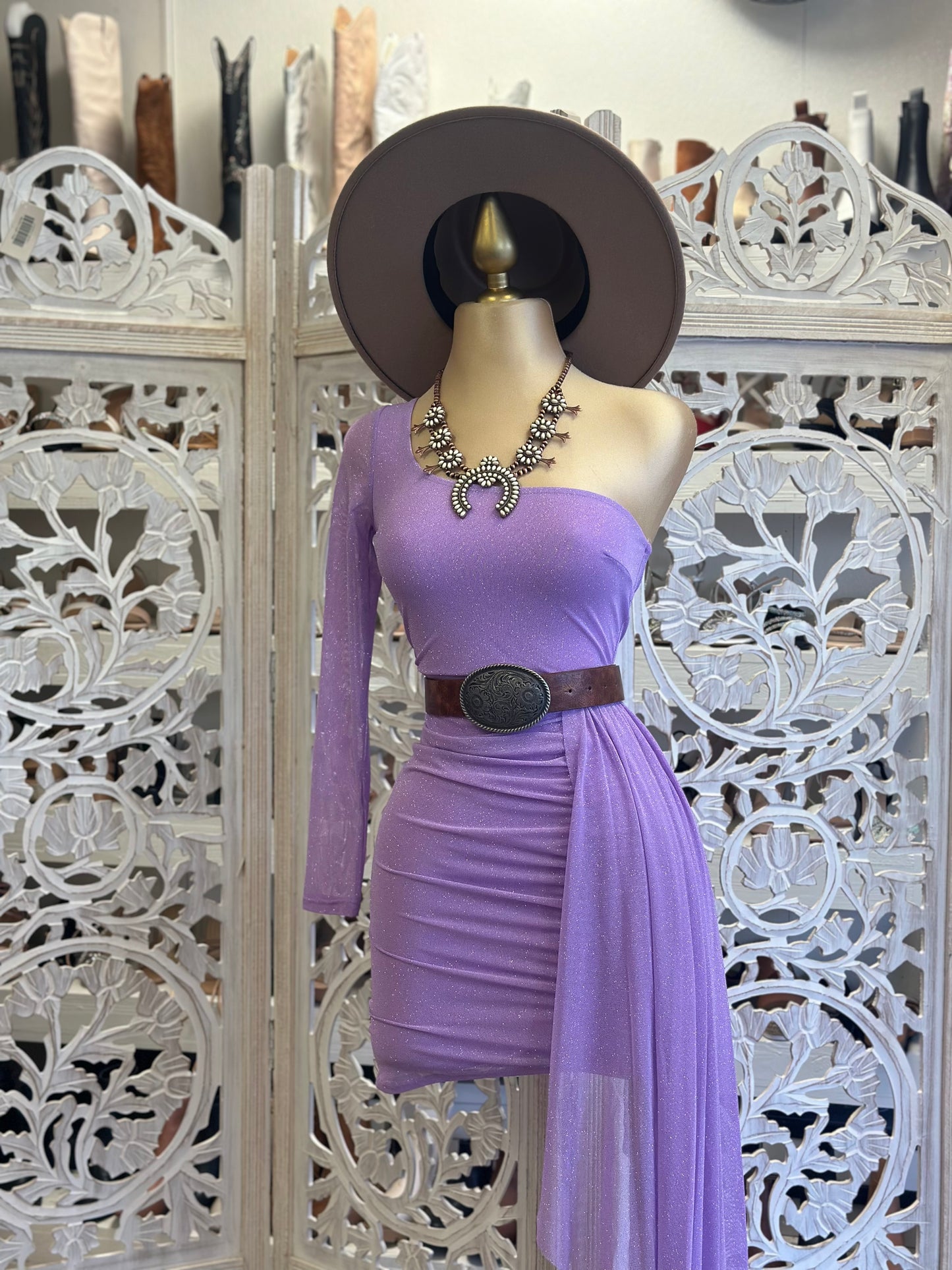 Glitter Purple Off Shoulder Tailed Dress- Stretchy venta final ..
