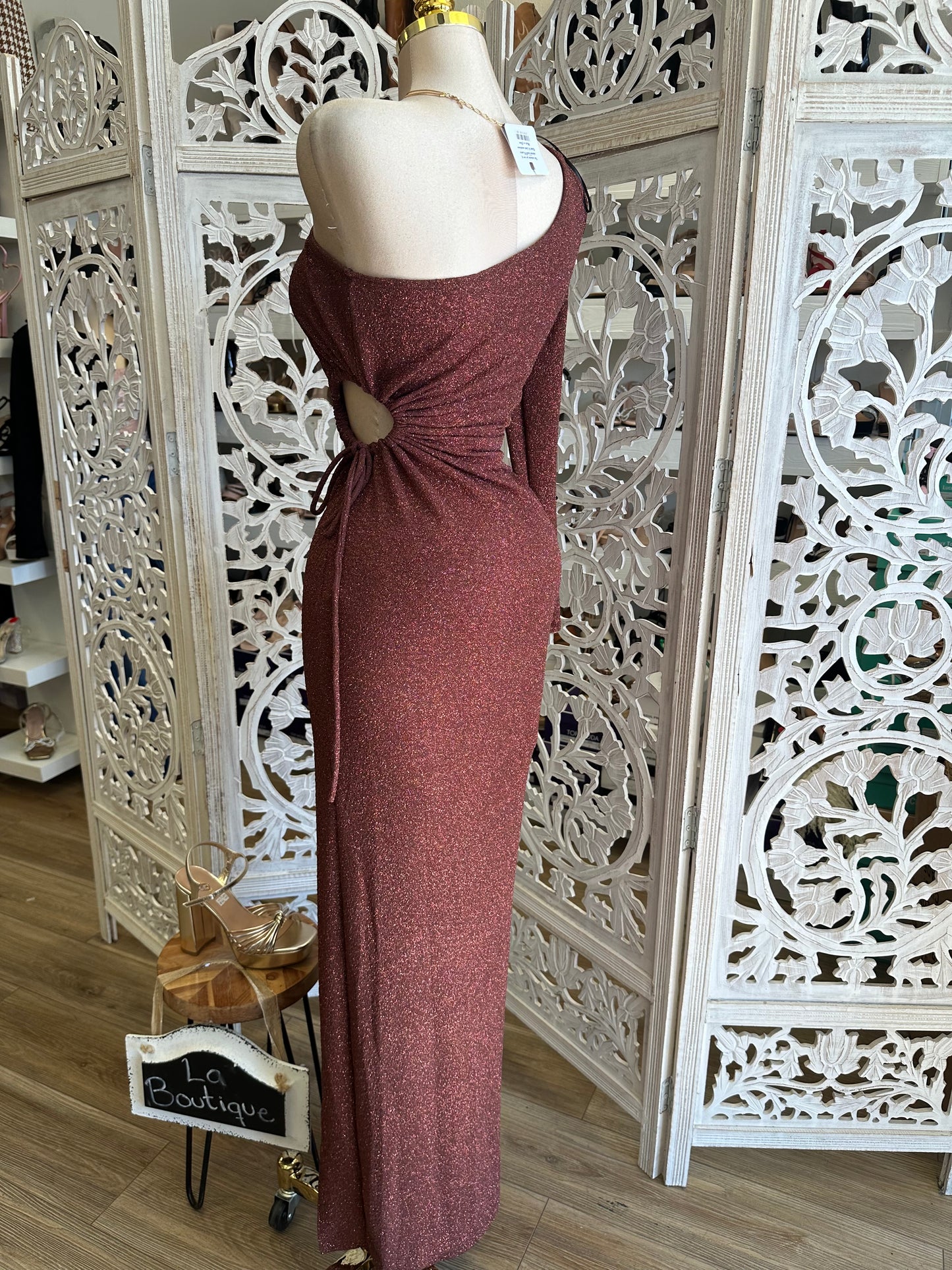 One Sleeve Glitter Maxi Dress- Stretchy, Estira