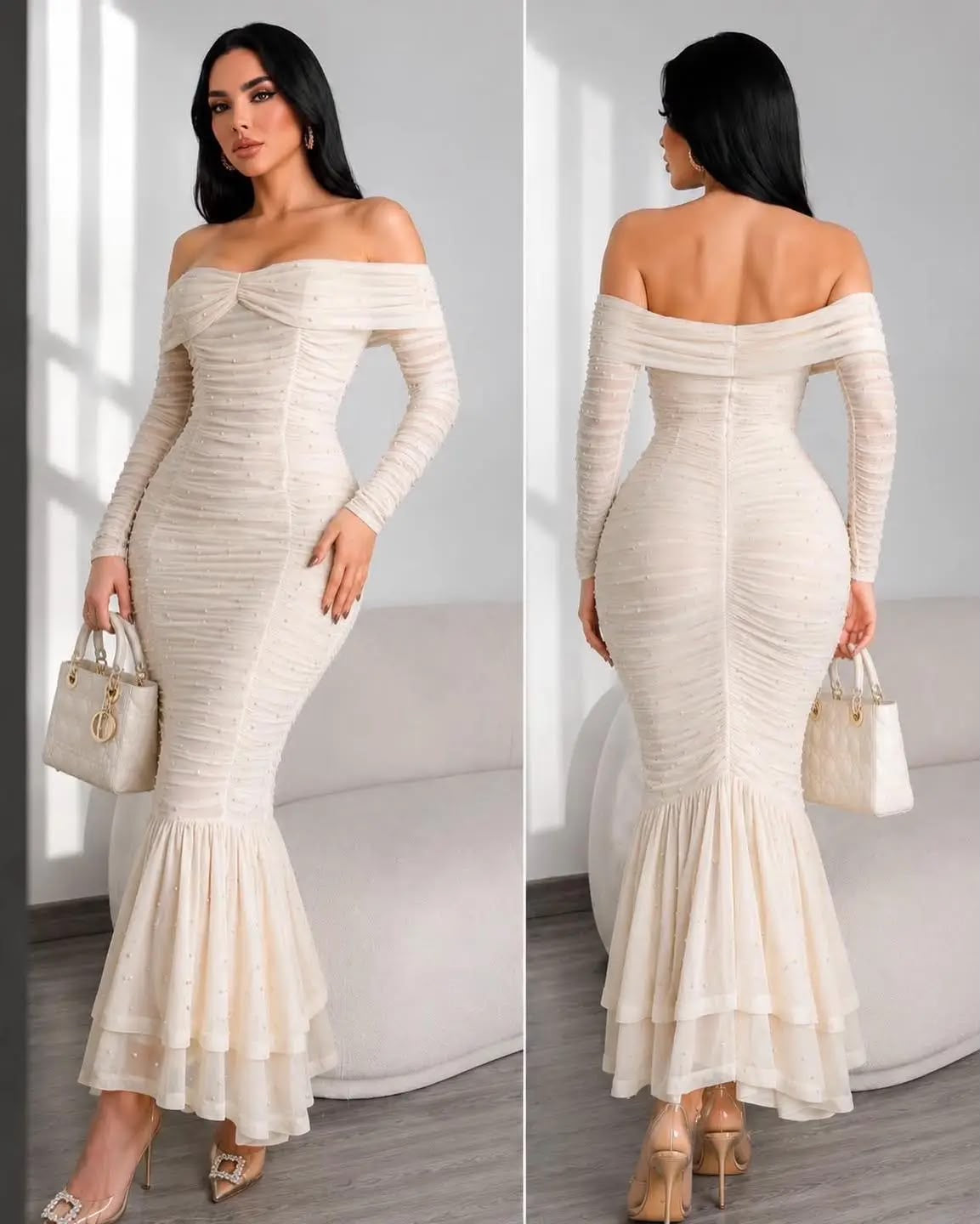 Seraphina Gown: Off-Shoulder Ruched Mesh Mermaid Dress - Estira, Stretchy