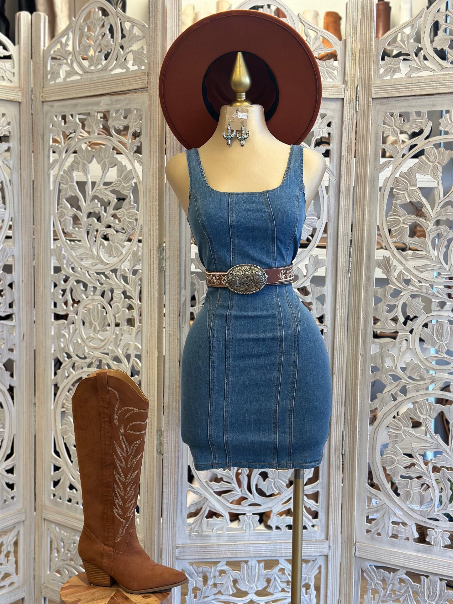 Scoop Back Denim Mini Dress - Estira, Stretchy